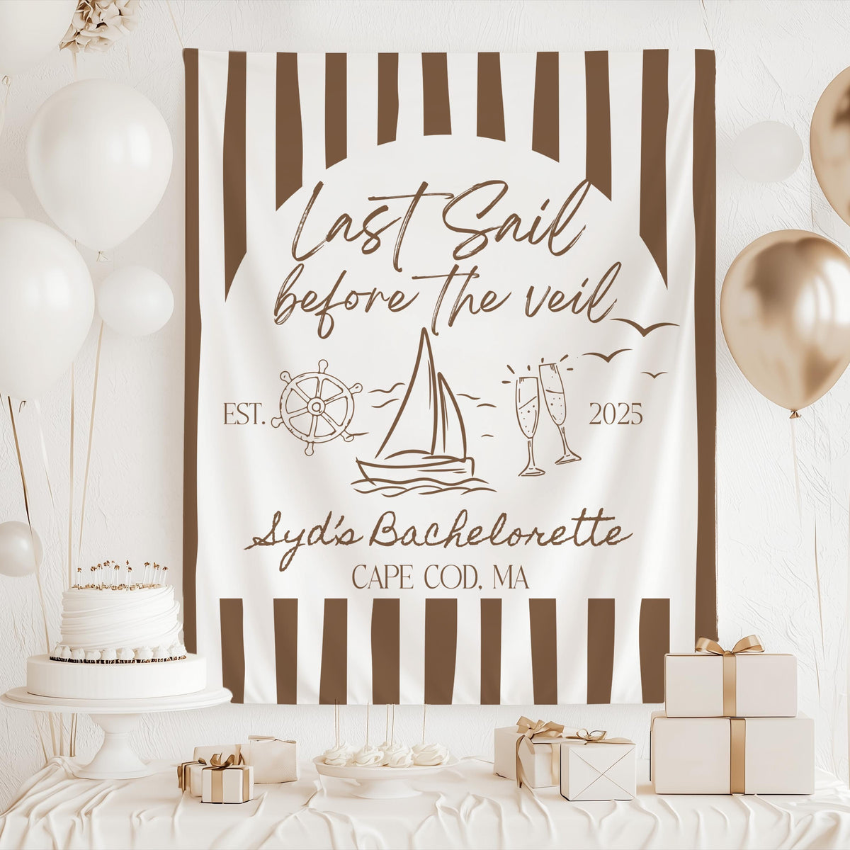 Custom Last Sail Before the Veil banner for coastal bachelorette party and sailing themed bridal weekend
