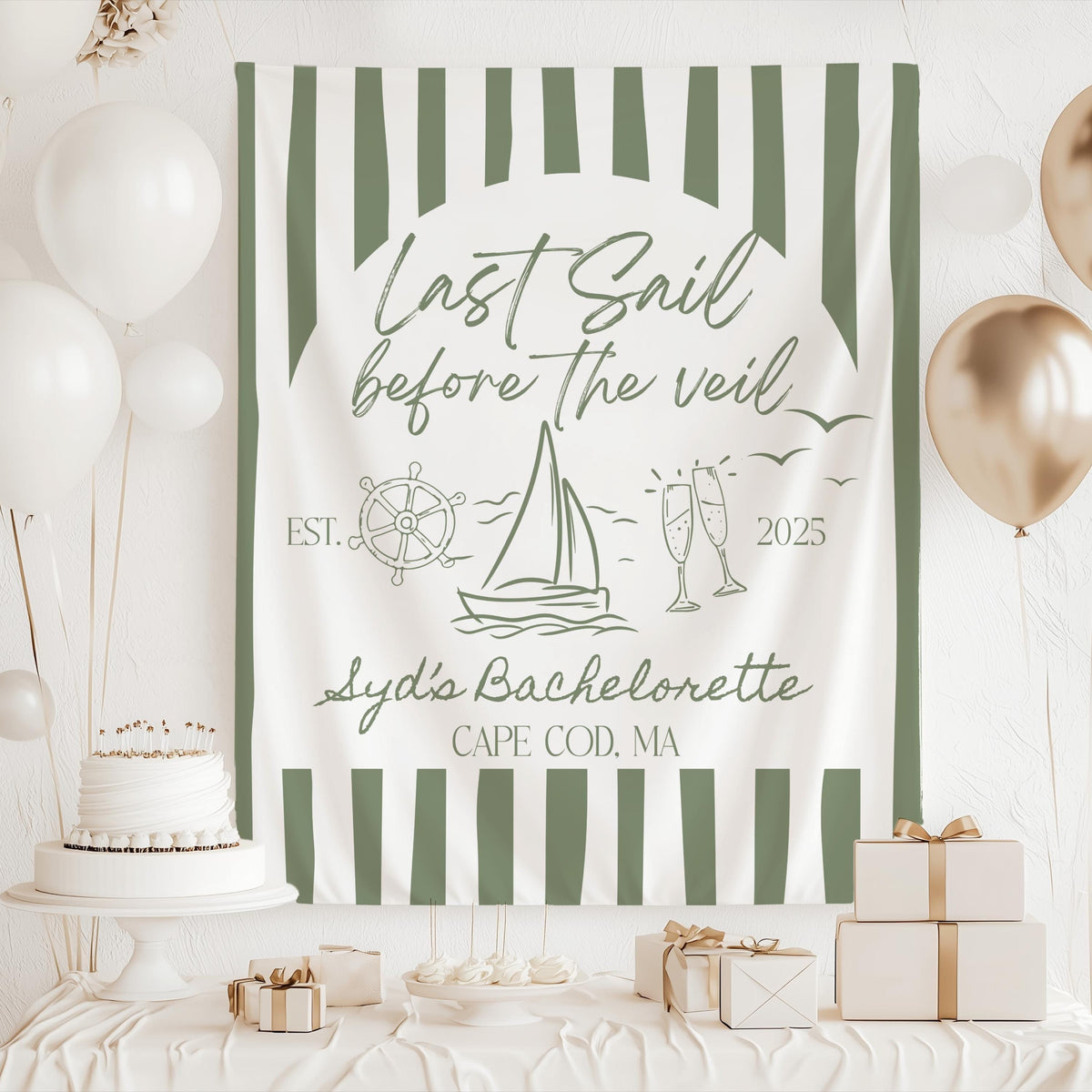 Personalized nautical bachelorette banner featuring Last Sail Before the Veil theme for yacht celebrations
