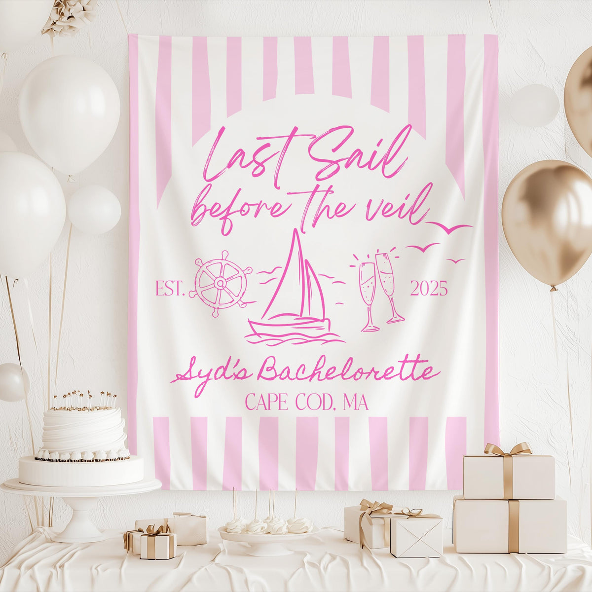 Last Sail Before the Veil backdrop for boat bachelorette weekend and coastal bridal party decorations
