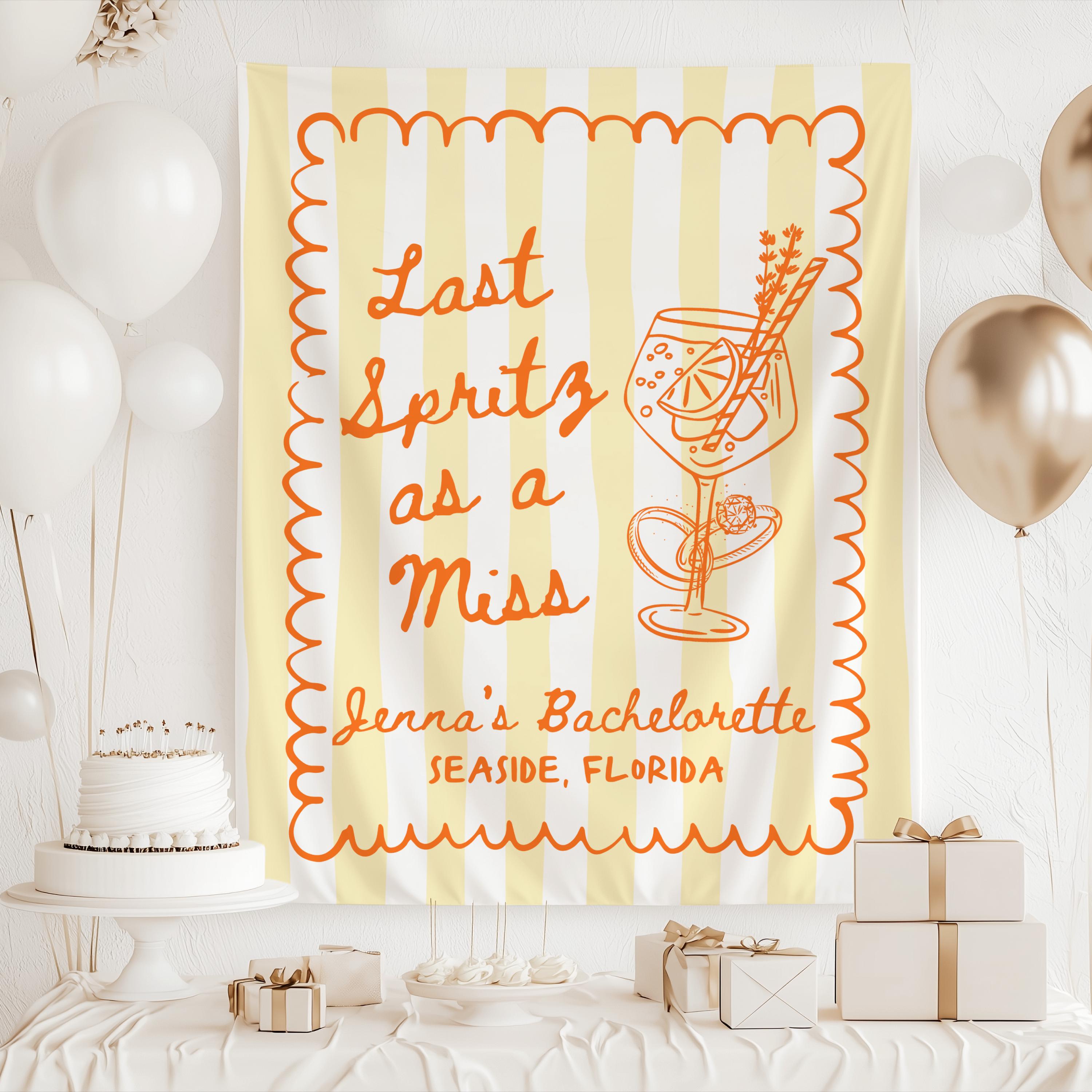 Last Spritz as a Miss party backdrop featuring orange cocktail illustration and custom destination
