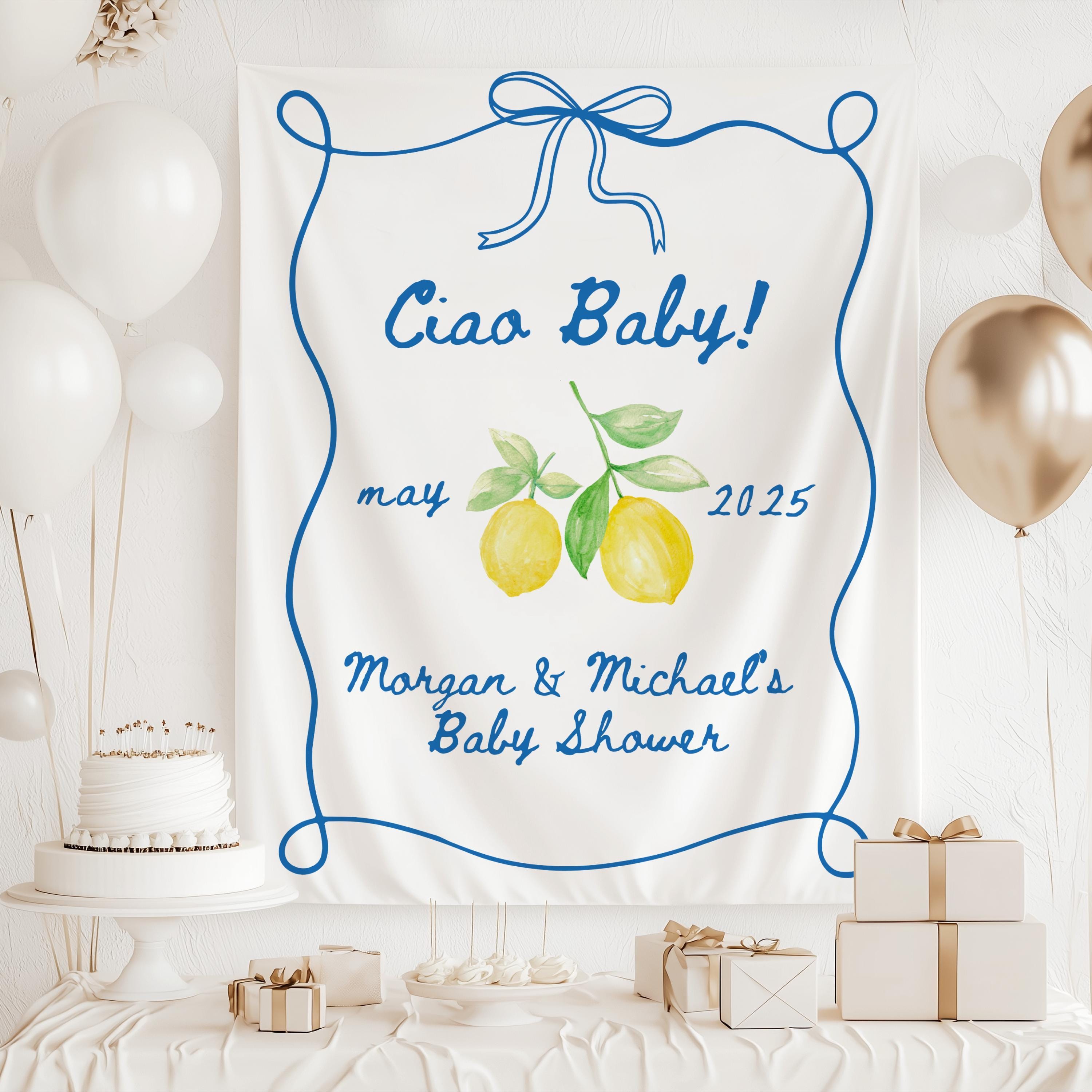 Personalized lemon baby shower backdrop with Italian inspired blue stripes and watercolor lemons