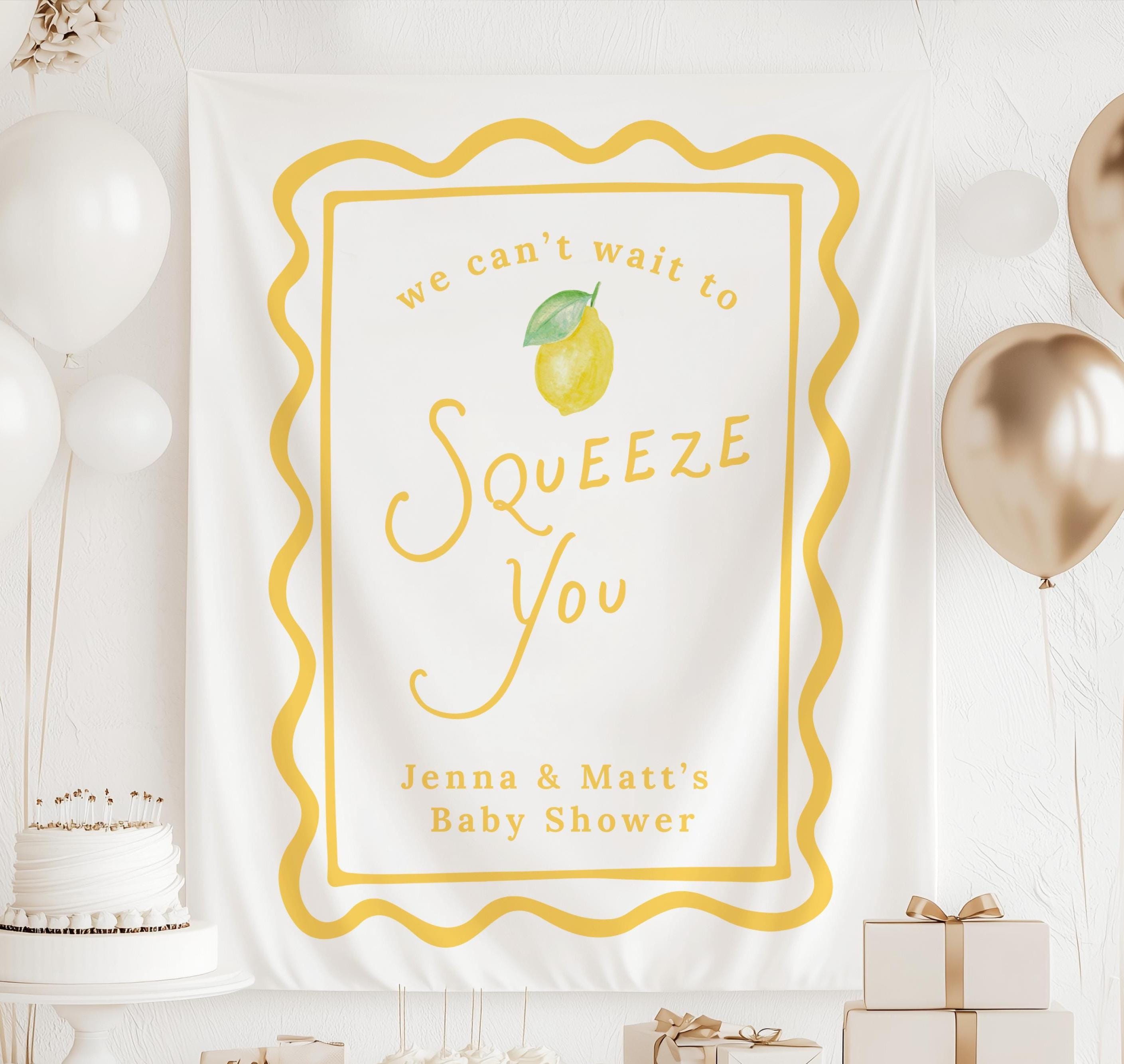 Custom lemon baby shower backdrop featuring bright yellow citrus graphic