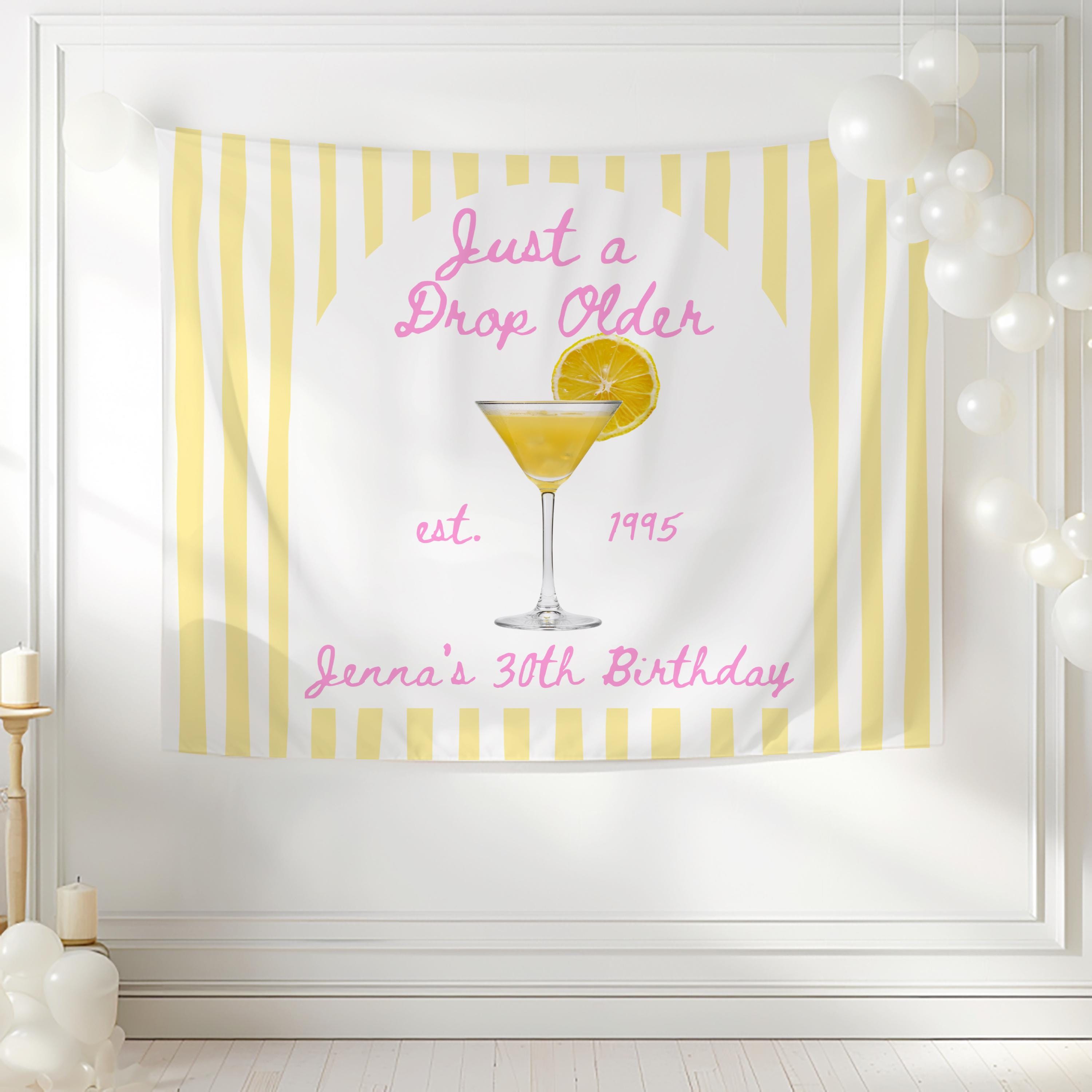 Personalized milestone birthday banner with lemon cocktail illustration and custom event details
