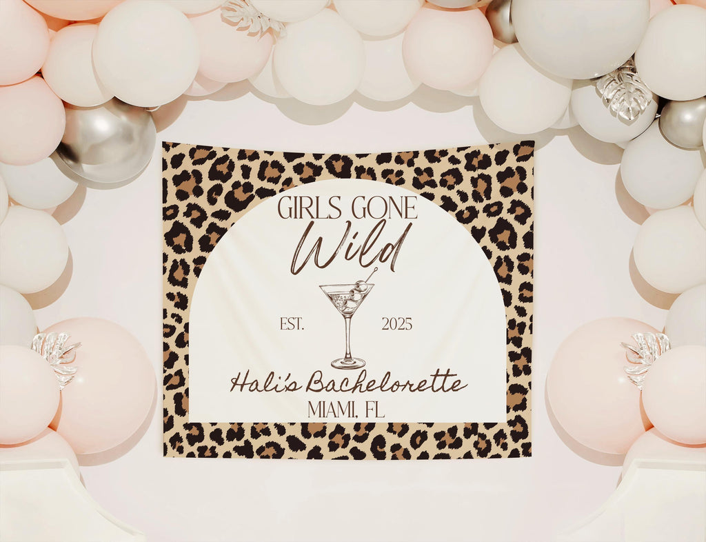 Personalized cheetah print bachelorette backdrop for Girls Gone Wild weekend
