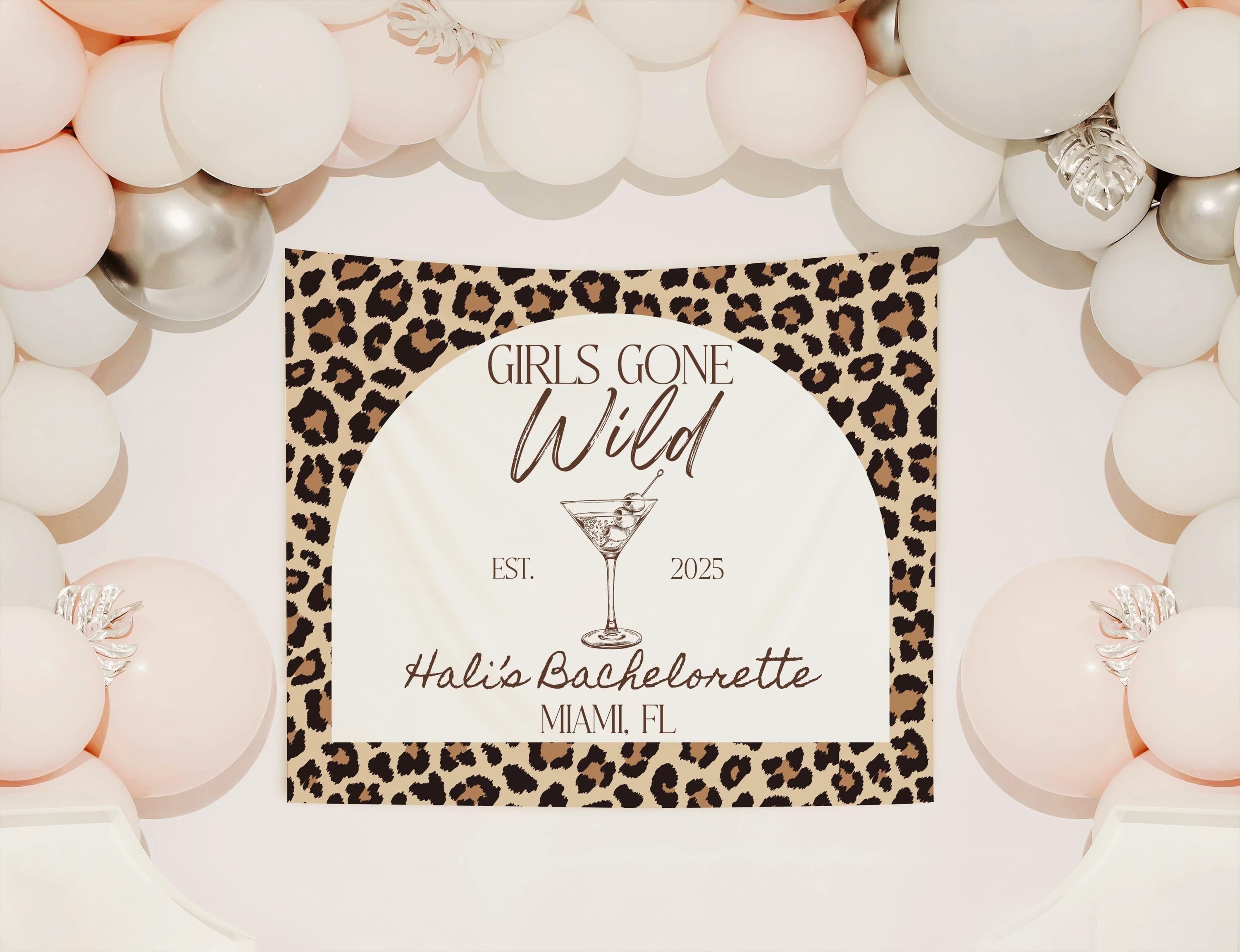 Personalized cheetah print bachelorette backdrop for Girls Gone Wild weekend
