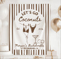 Custom Lets Go Coconuts party backdrop featuring swimsuits tropical artwork and personalized bachelorette detailsPersonalized Lets Go Coconuts bachelorette banner with tropical beach design bikinis martini glass and custom name