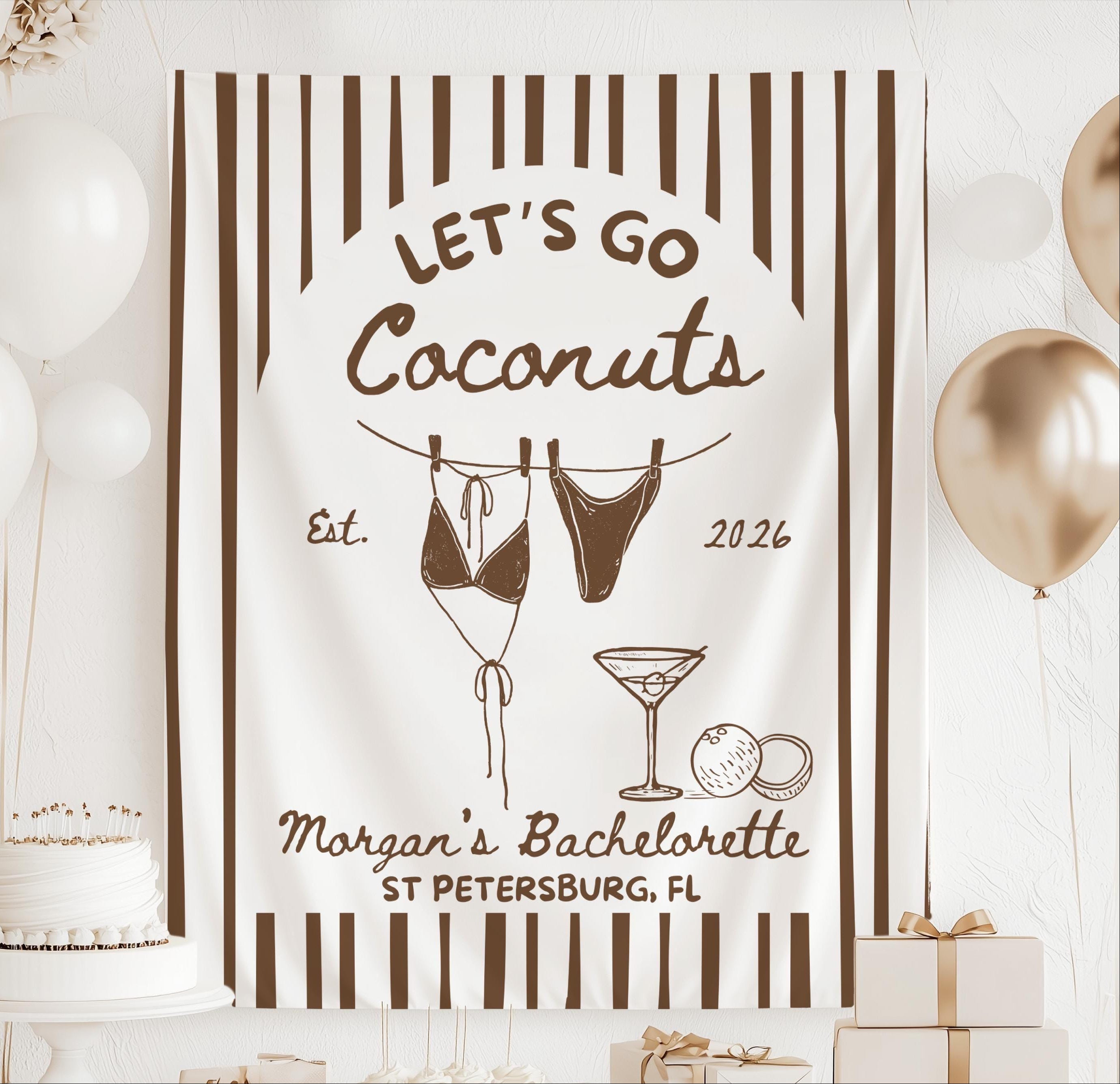 Custom Lets Go Coconuts party backdrop featuring swimsuits tropical artwork and personalized bachelorette detailsPersonalized Lets Go Coconuts bachelorette banner with tropical beach design bikinis martini glass and custom name