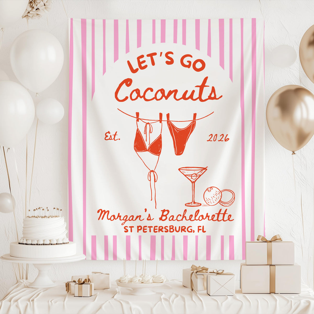 Custom Lets Go Coconuts party backdrop featuring swimsuits tropical artwork and personalized bachelorette details
