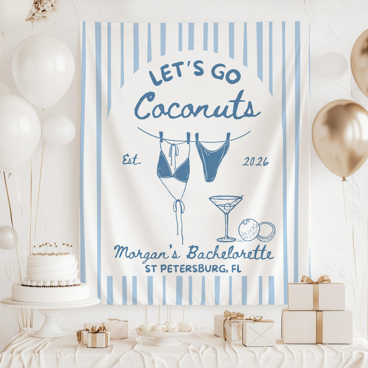Beach bachelorette banner with Lets Go Coconuts theme striped background and custom text for a coastal bridal weekend

