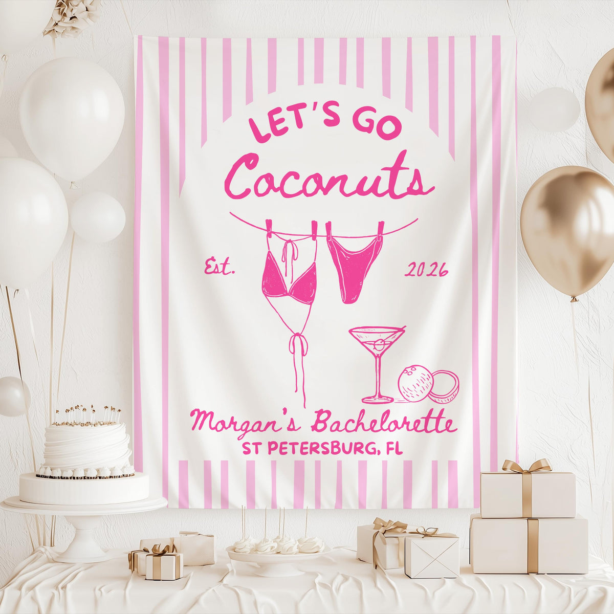 Personalized tropical bachelorette banner with beach inspired design for Florida and destination bachelorette parties
