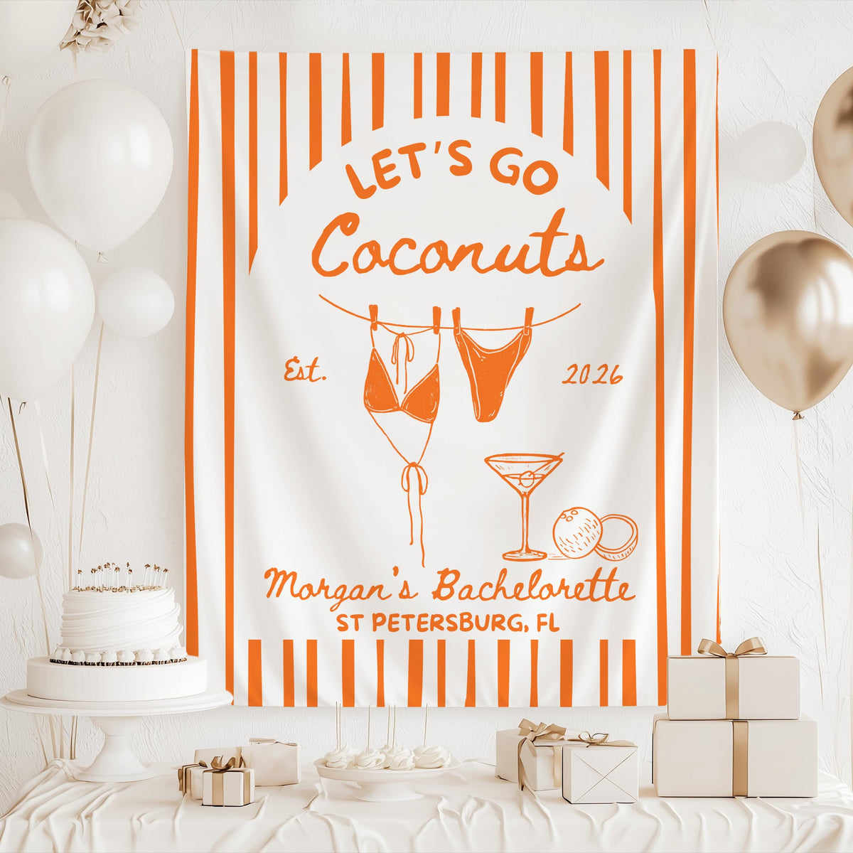Custom beach party backdrop featuring bikinis martini glass coconuts and personalized bachelorette wording
