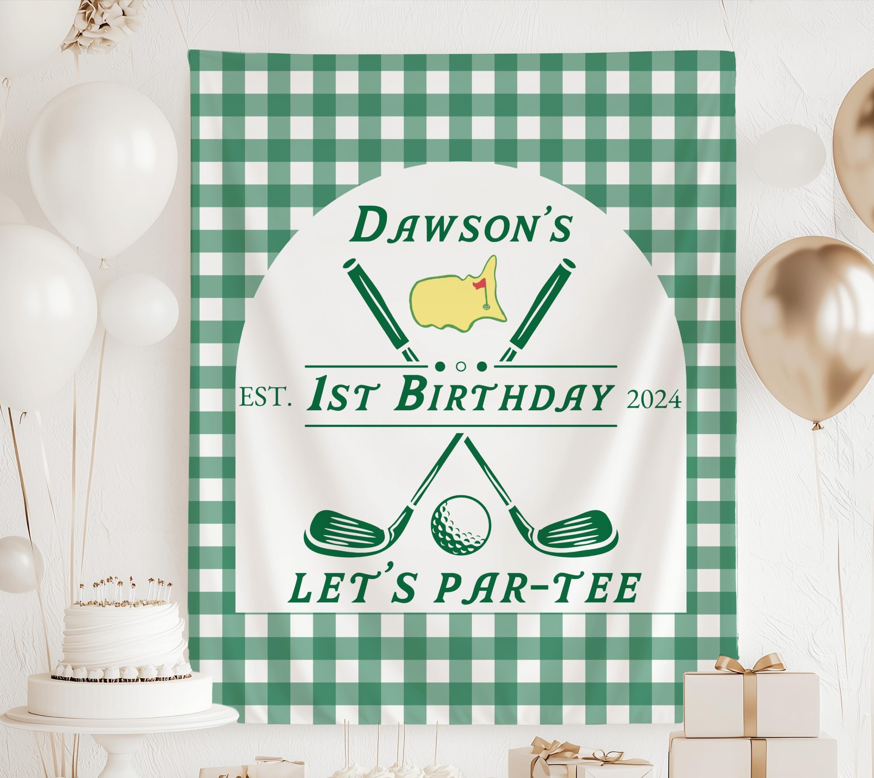 Personalized Let's Par-Tee birthday banner for a golf themed birthday party green gingham