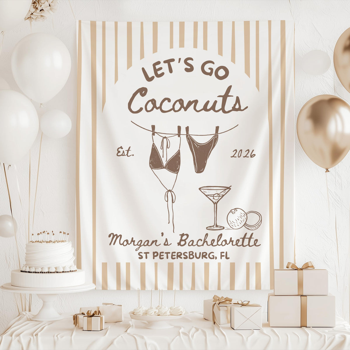 Lets Go Coconuts bachelorette banner for St Petersburg Florida beach parties with personalized event details
