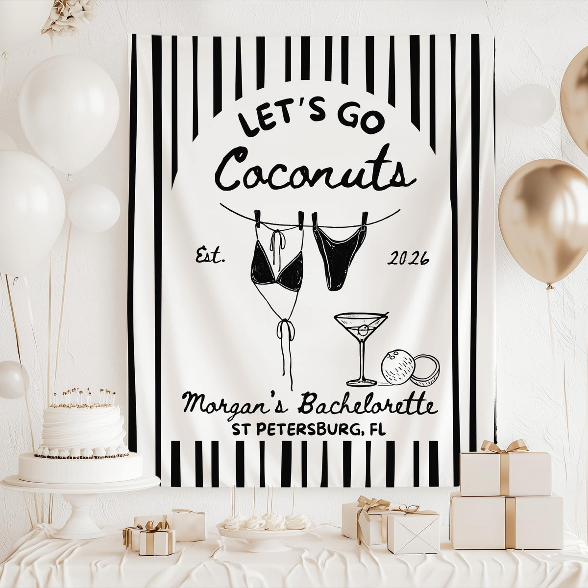 Personalized Lets Go Coconuts bachelorette banner displayed as beach party decor for a tropical bridal weekend celebration
