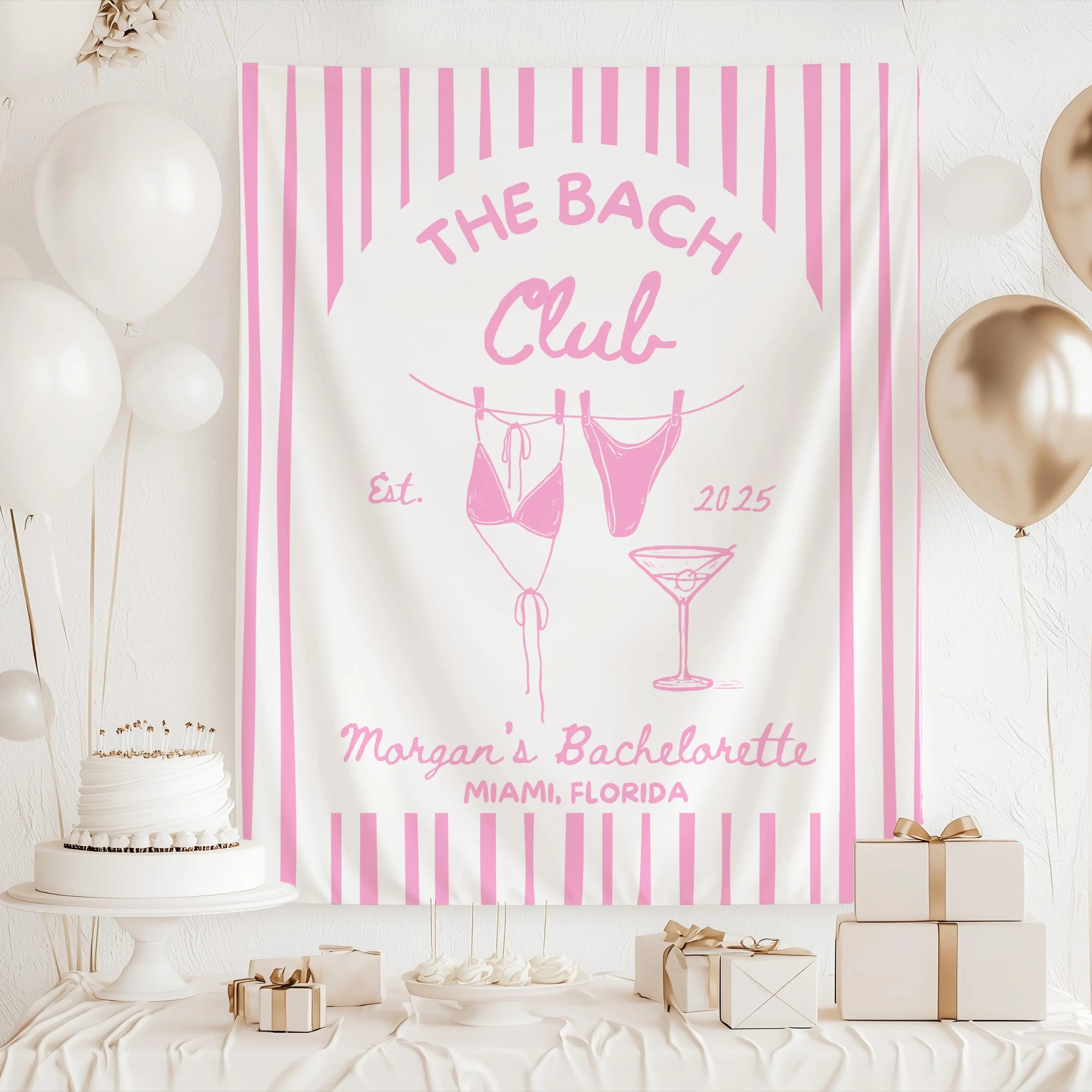 Pool party bachelorette backdrop featuring striped coastal artwork and custom details.
