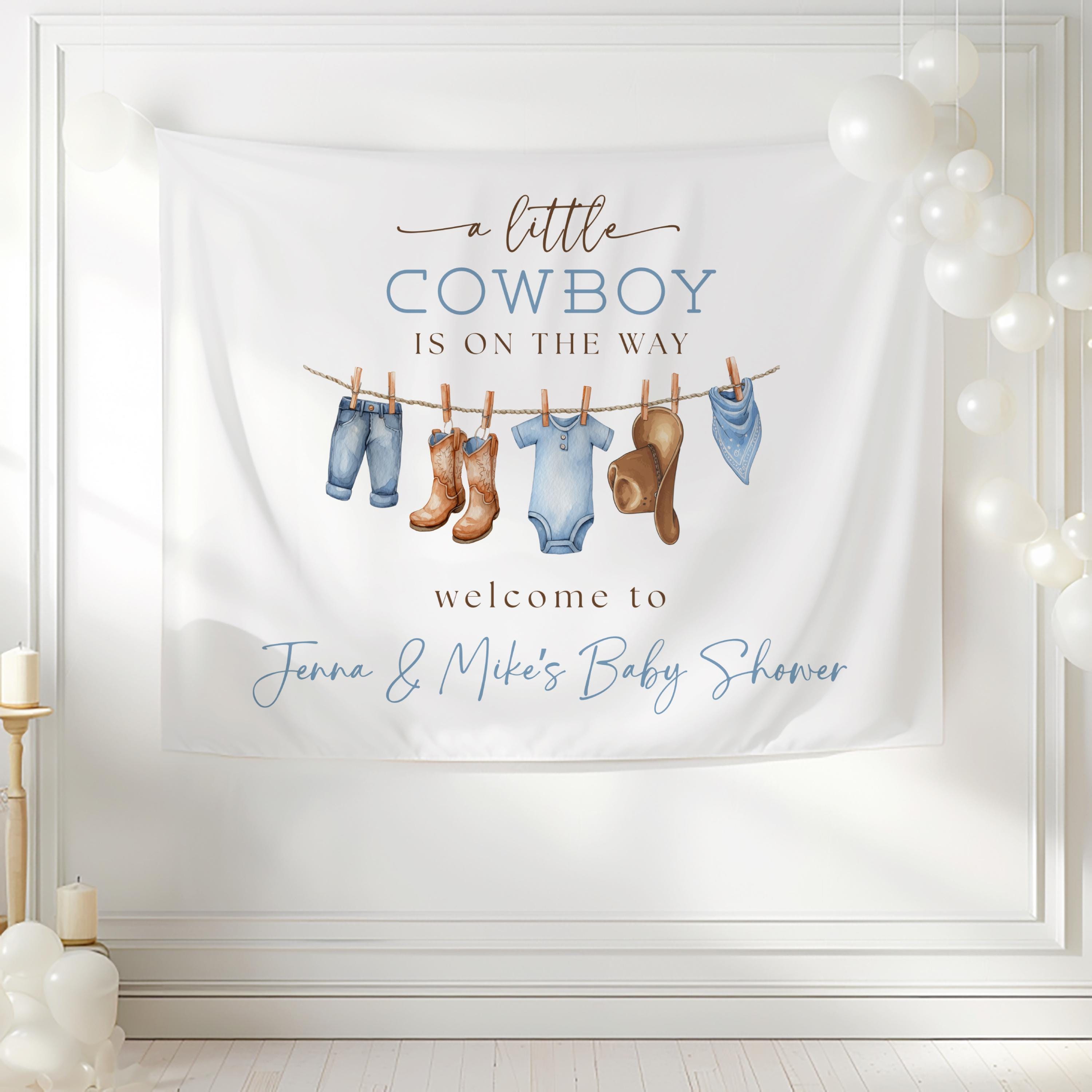 Personalized western baby girl shower banner with pink cowboy theme and custom names