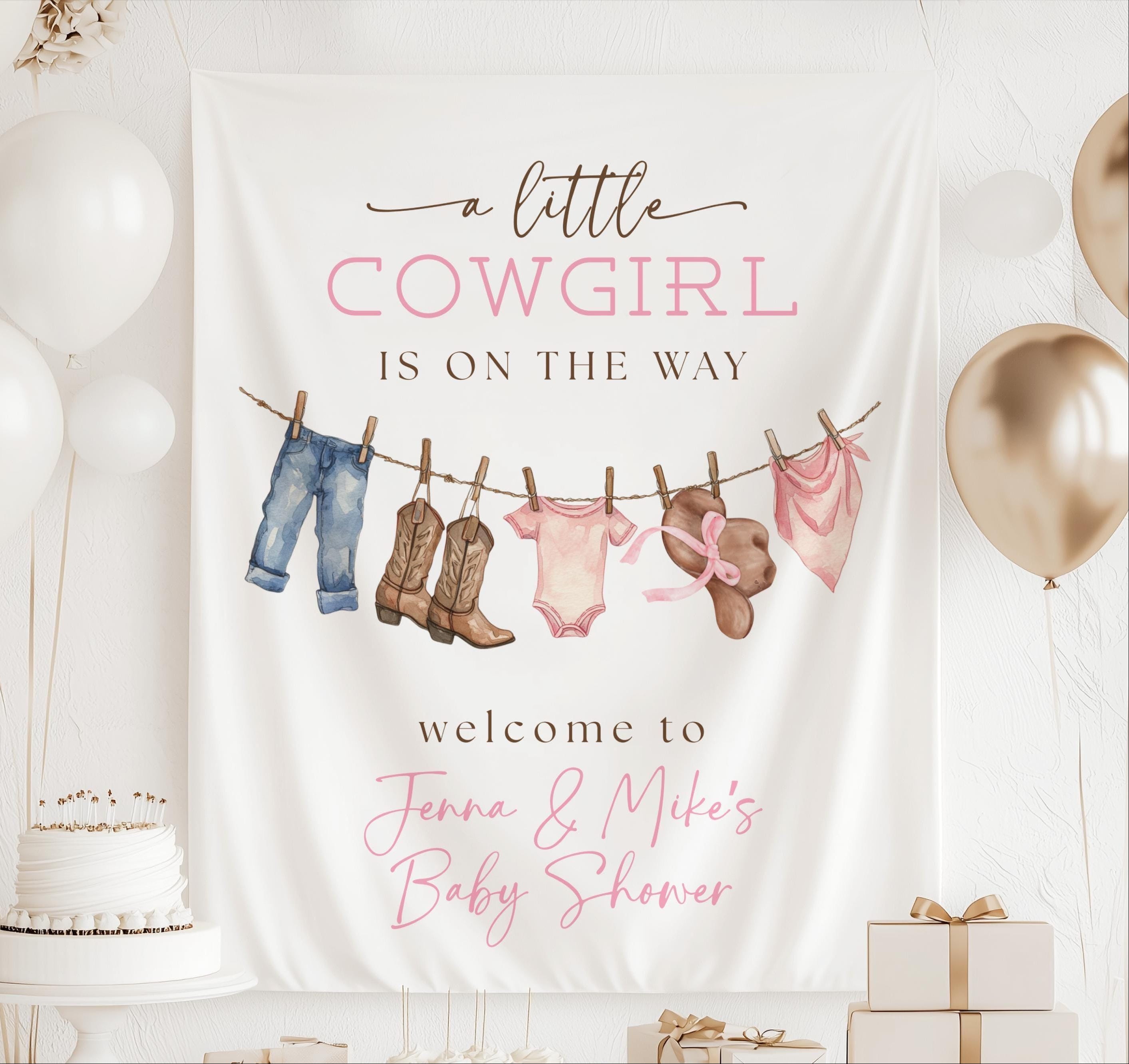 Personalized A Little Cowgirl Is on the Way baby shower banner with western baby girl clothes and cowboy boots