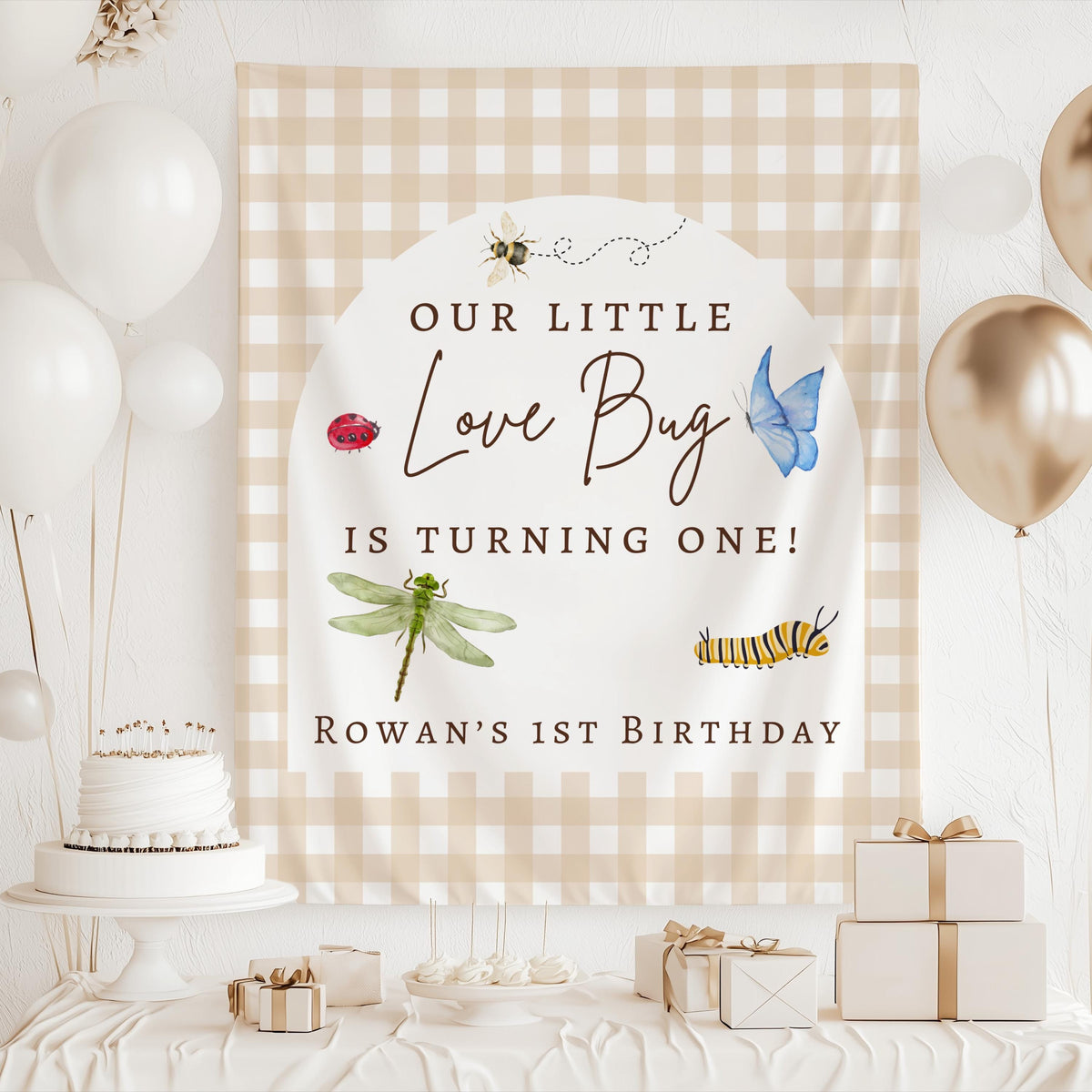Personalized Love Bug birthday party banner available in multiple colors and sizes
