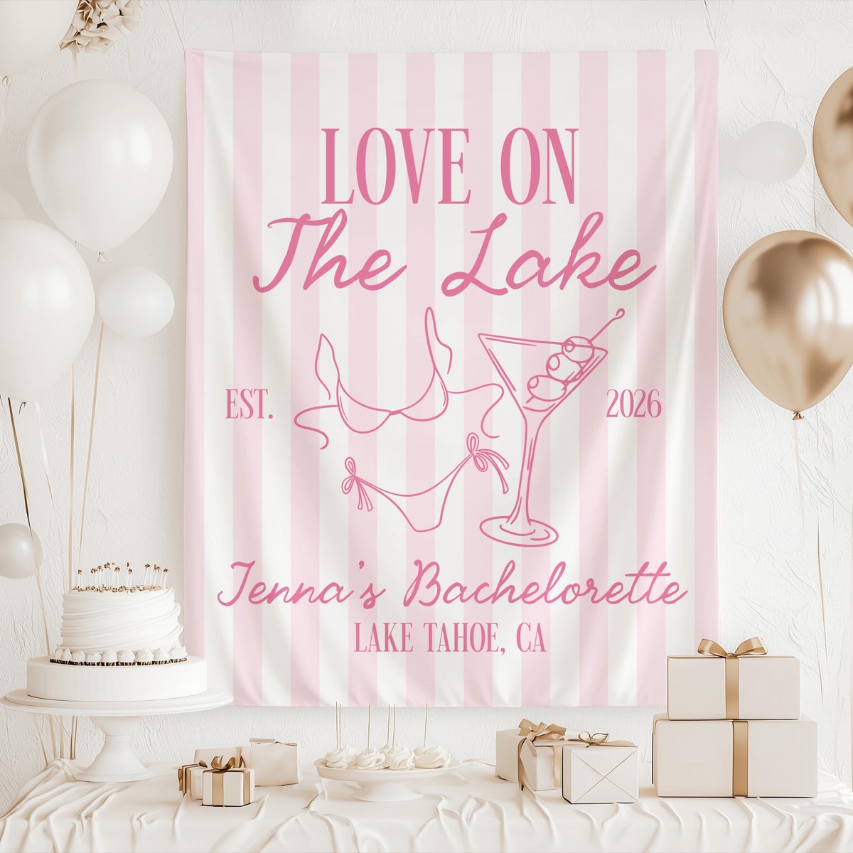 Lake bachelorette banner with Love on the Lake theme blue striped background and custom text for a waterfront bridal weekend
