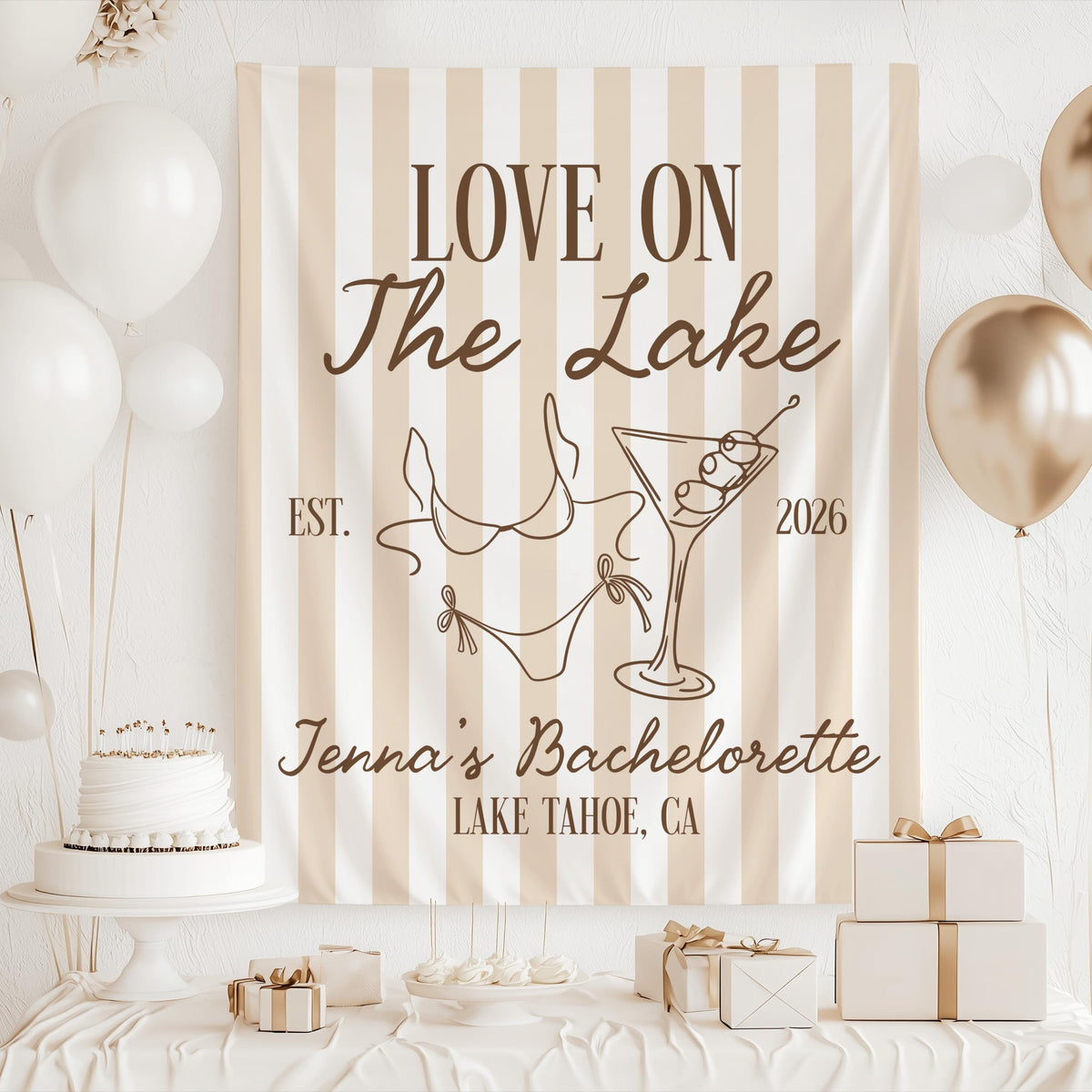 Personalized lake party banner with bikini martini glass artwork and custom name for a destination bachelorette celebration

