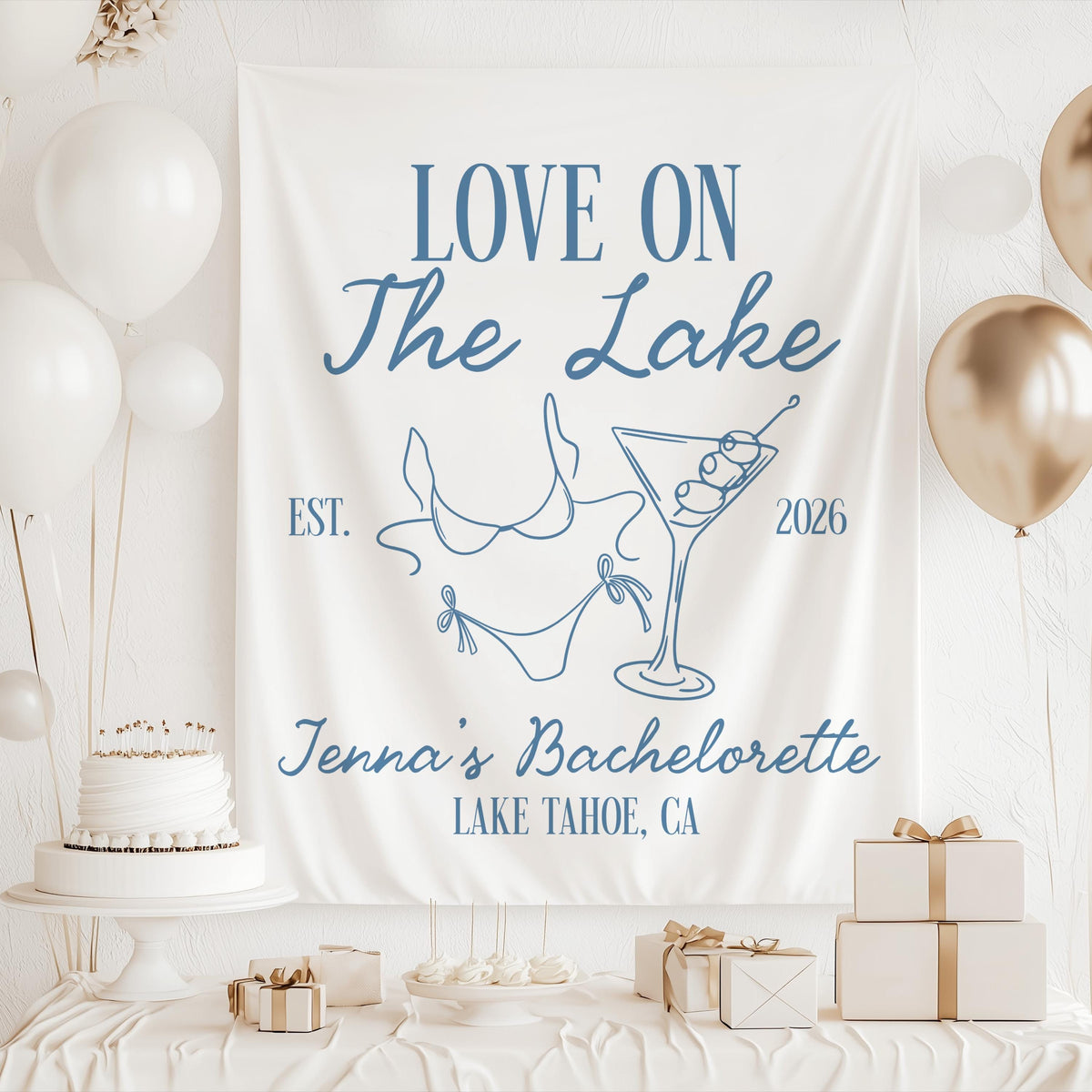 Custom Love on the Lake backdrop for a Lake Tahoe bachelorette party featuring personalized event details and coastal inspired design
