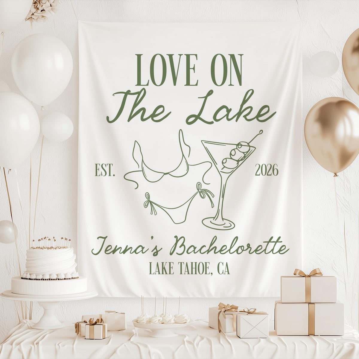 Lake themed bachelorette banner with personalized Love on the Lake design for waterfront bridal weekends and girls trips

