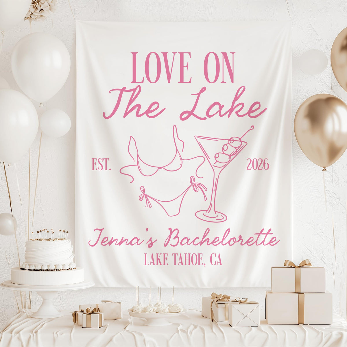Personalized lake bachelorette backdrop featuring blue striped artwork bikini martini glass and custom wording
