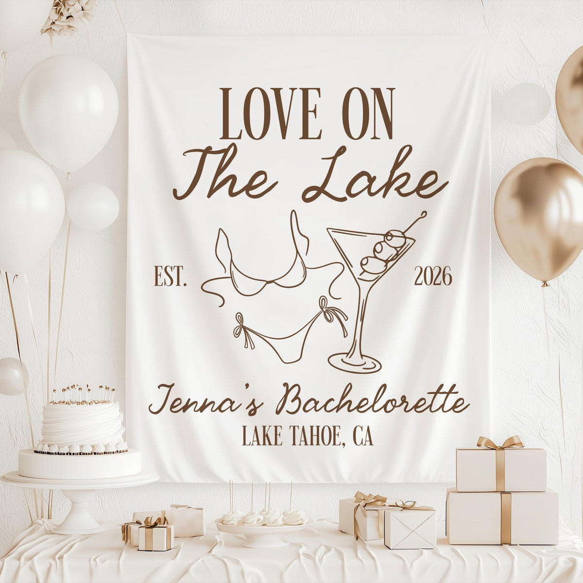 Personalized Love on the Lake bachelorette banner displayed as lake party decor for a waterfront bridal weekend celebration
