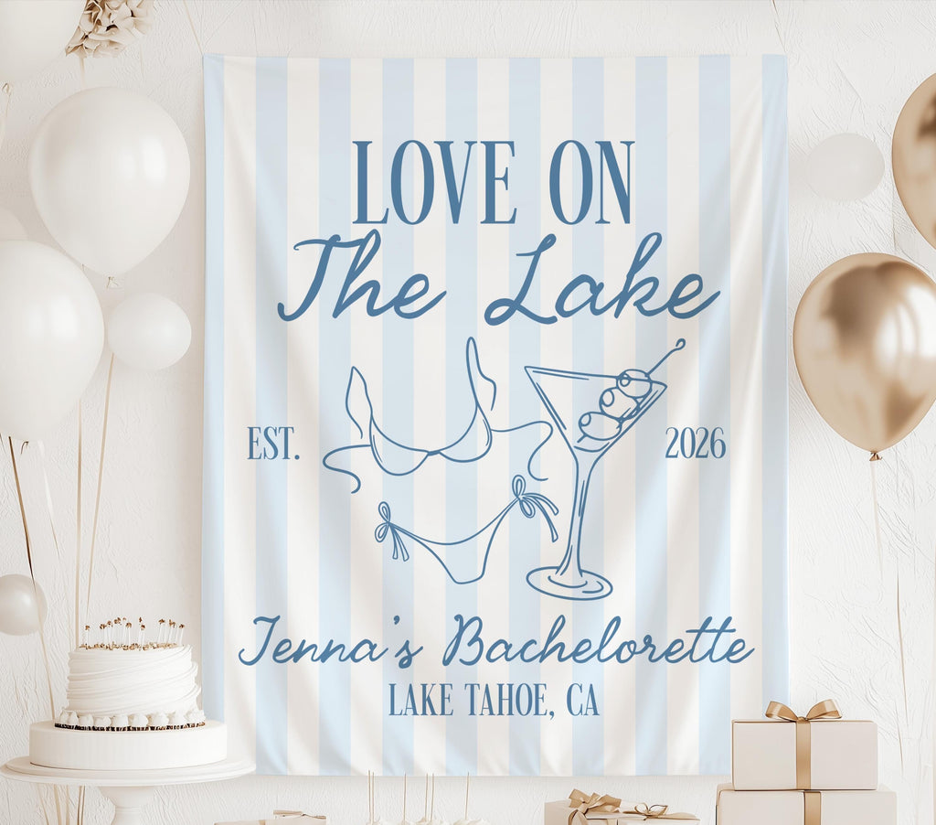 Personalized Love on the Lake bachelorette banner with blue striped design bikini martini glass and custom name for a lake bridal party
