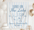 Personalized Love on the Lake bachelorette banner with blue striped design bikini martini glass and custom name for a lake bridal party
