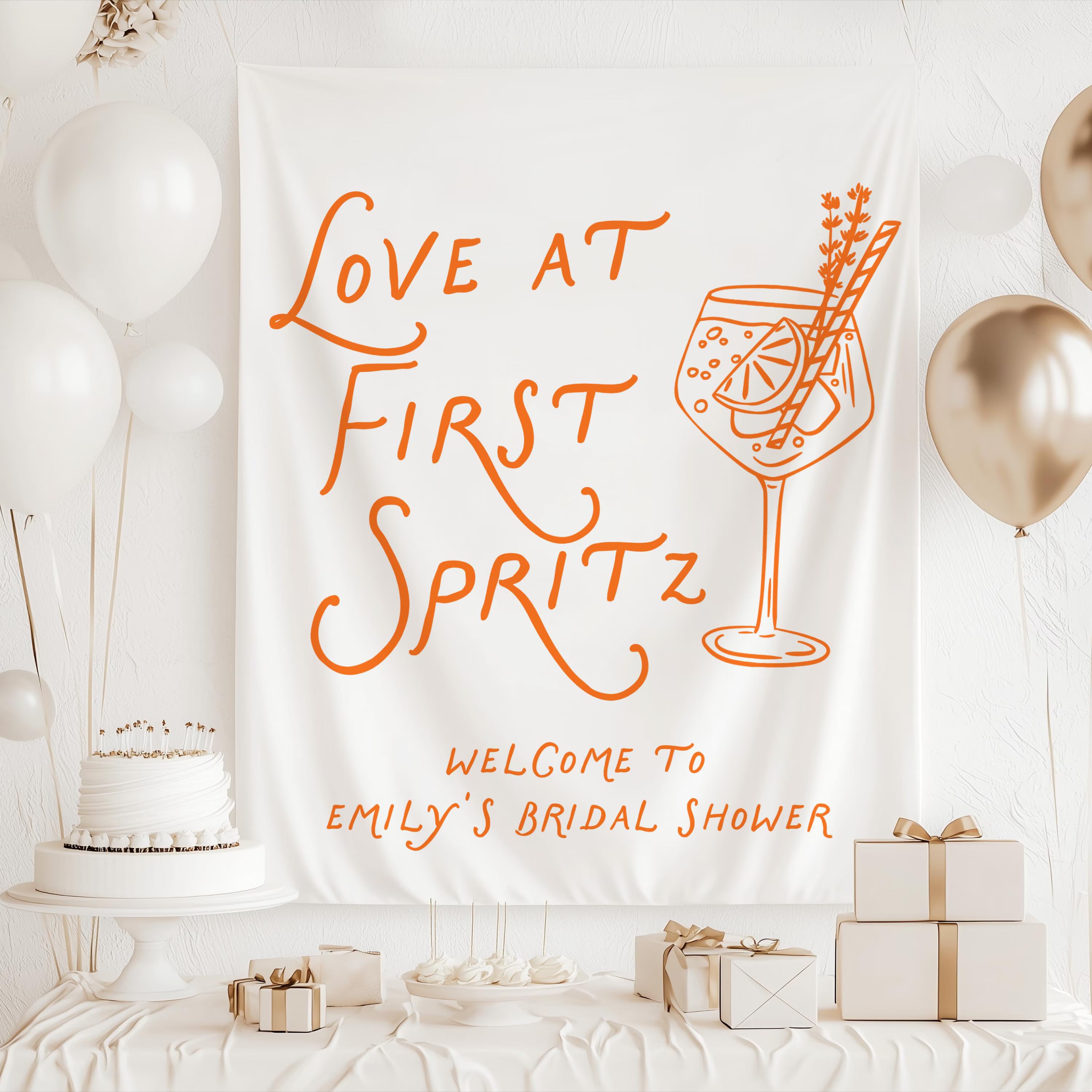 Personalized bridal shower photo backdrop for spritz themed celebration with cocktail artwork
