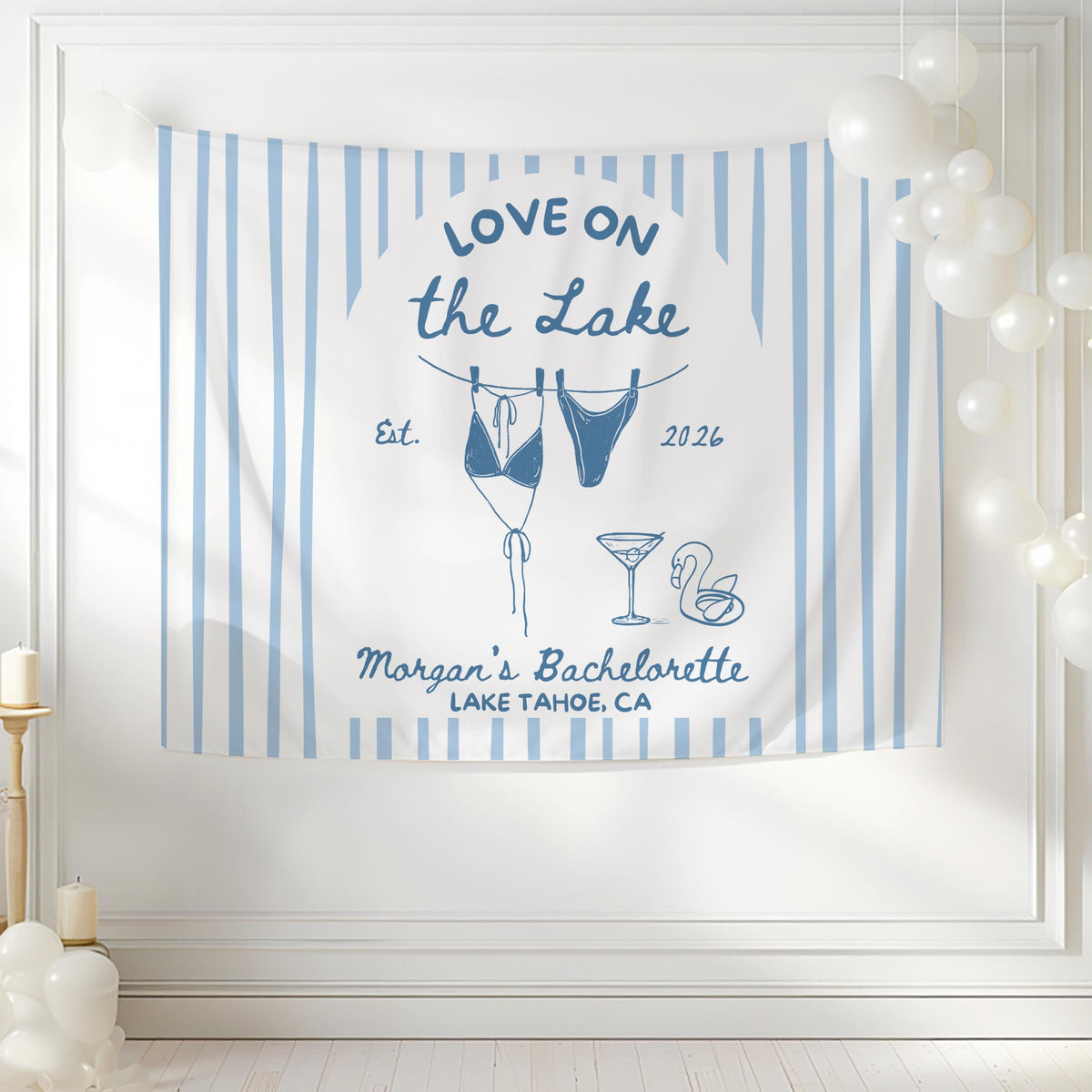 Personalized Love on the Lake banner for coastal lake weekend celebrations and bridal party photos
