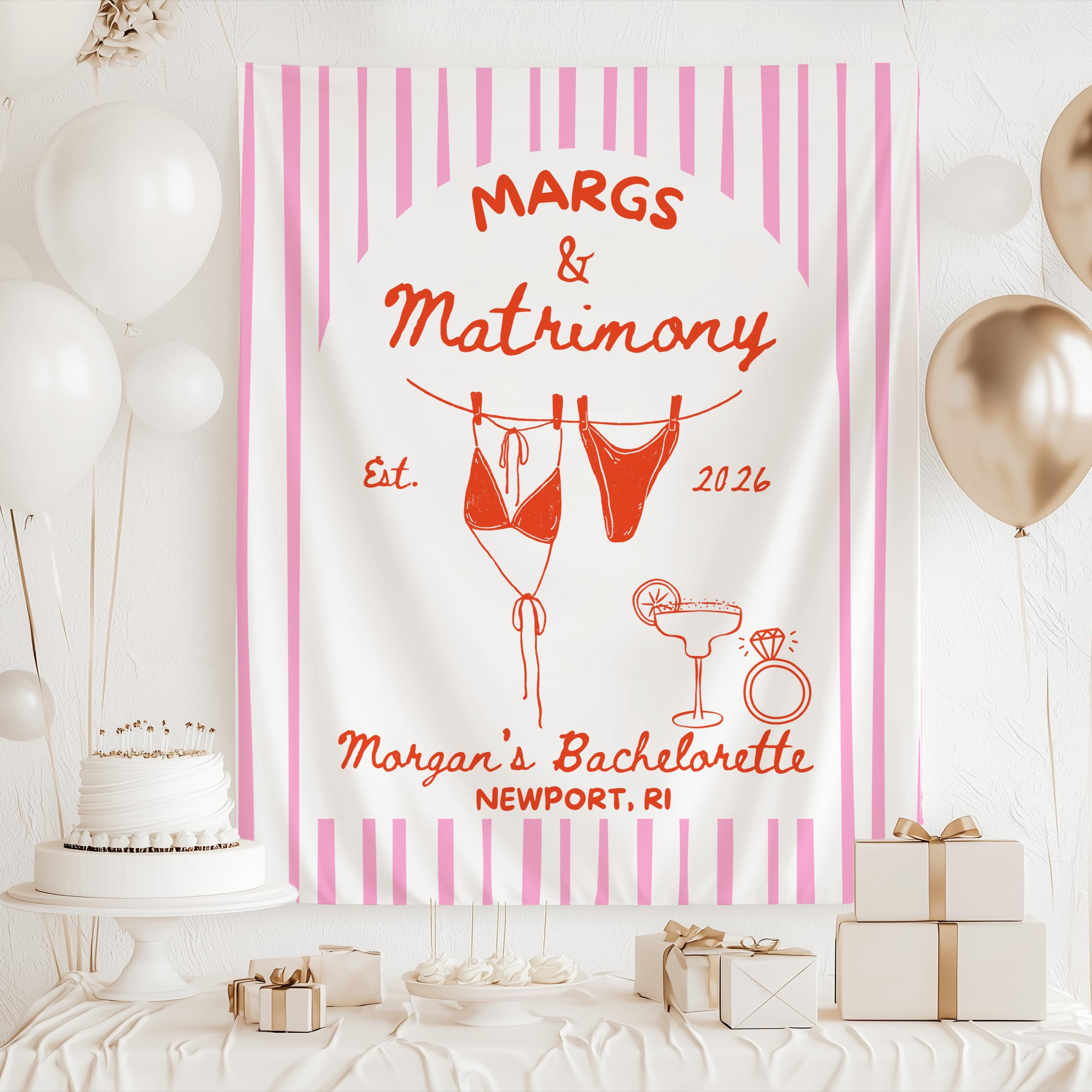 Personalized margarita bachelorette banner featuring swimsuit and margarita illustrations
