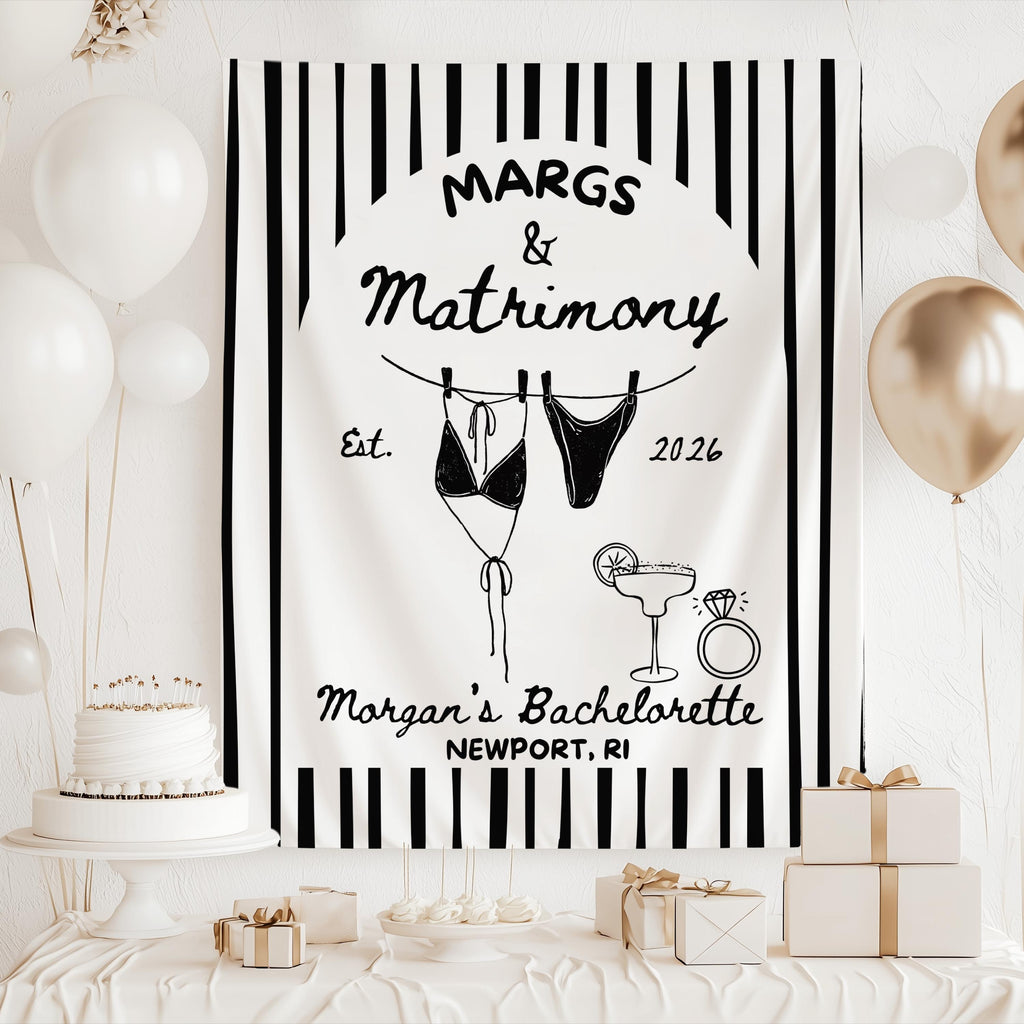 custom margarita bachelorette decor featuring bikini hanging on clotheslines