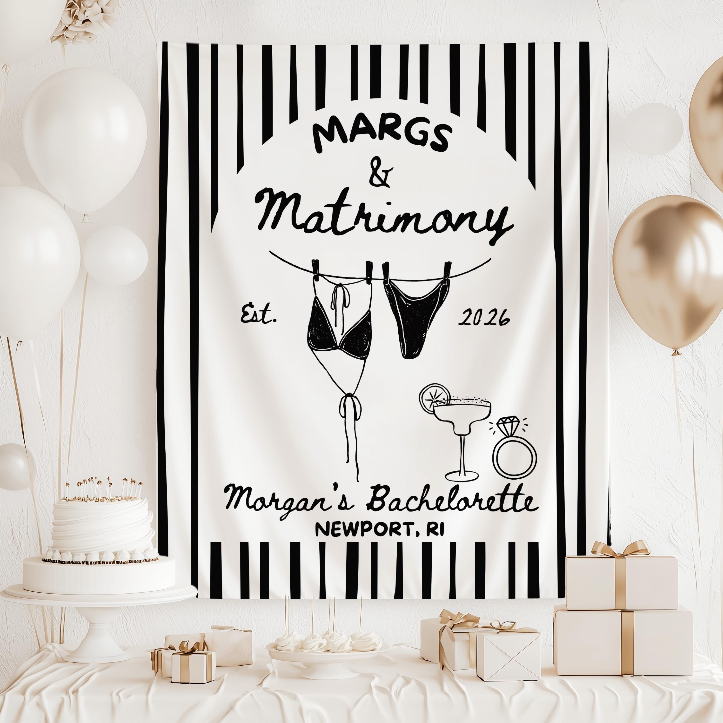 custom margarita bachelorette decor featuring bikini hanging on clotheslines