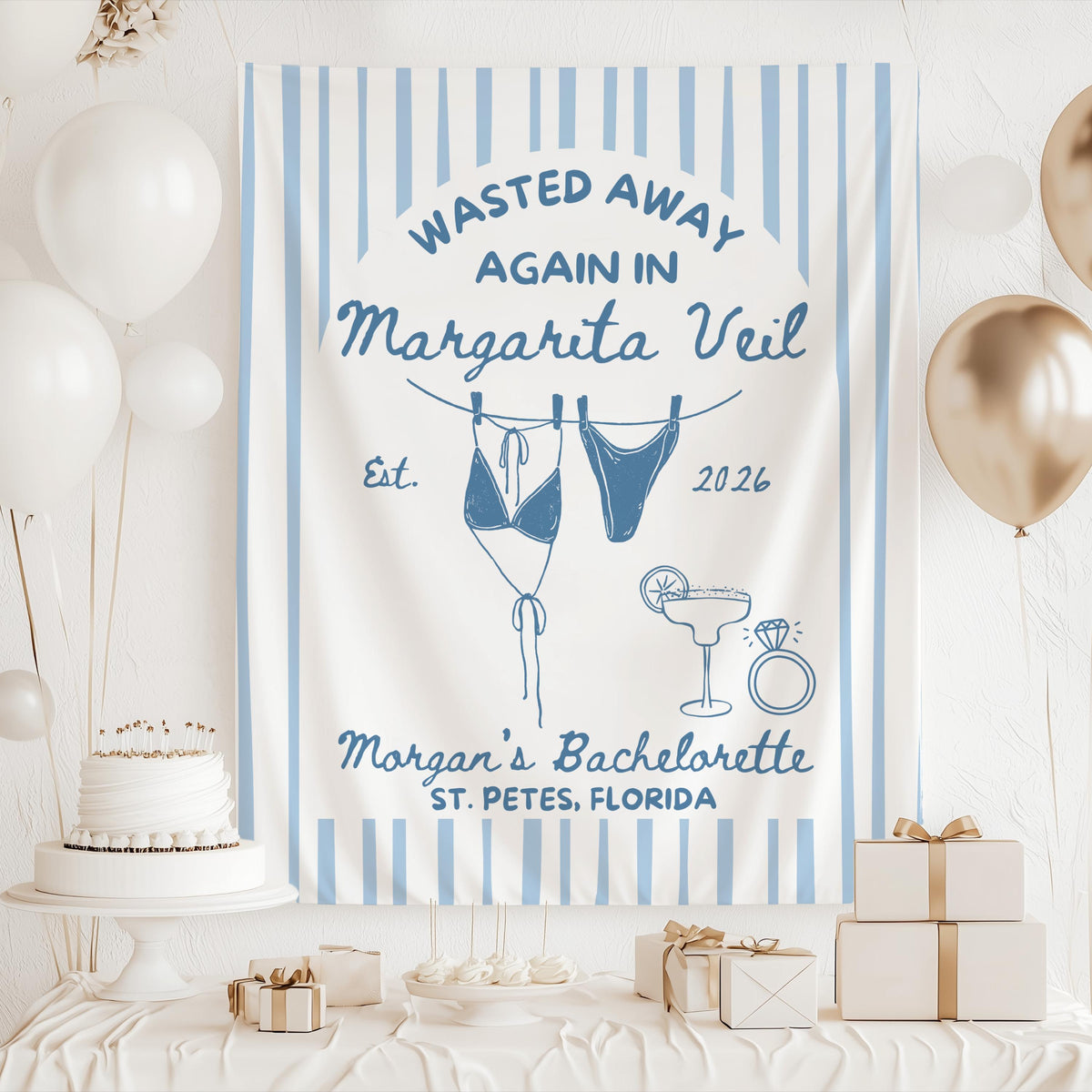 Margaritaveil banner for beach bachelorette weekend featuring a personalized fiesta inspired design
