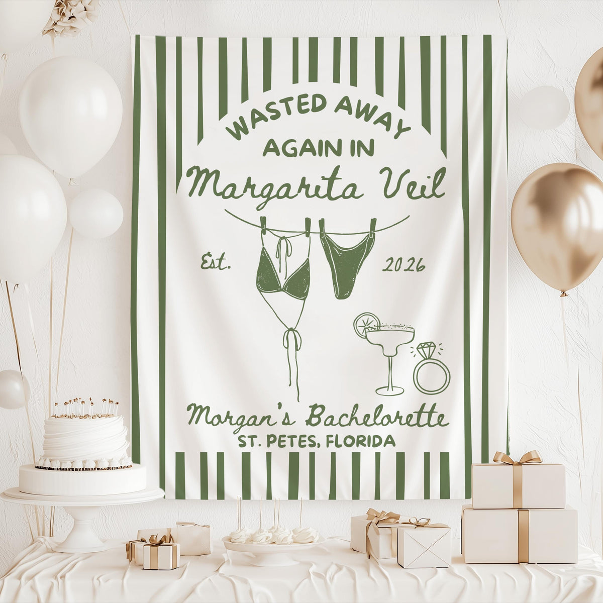 Personalized Margaritaveil backdrop for Mexican fiesta bachelorette party and tropical event decor
