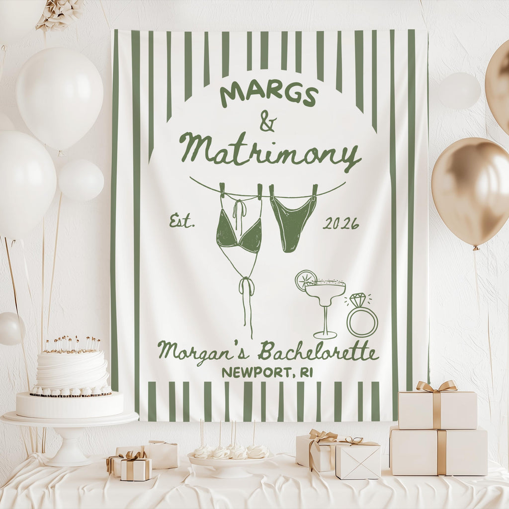 Custom Margs and Matrimony banner for a margarita themed bachelorette party