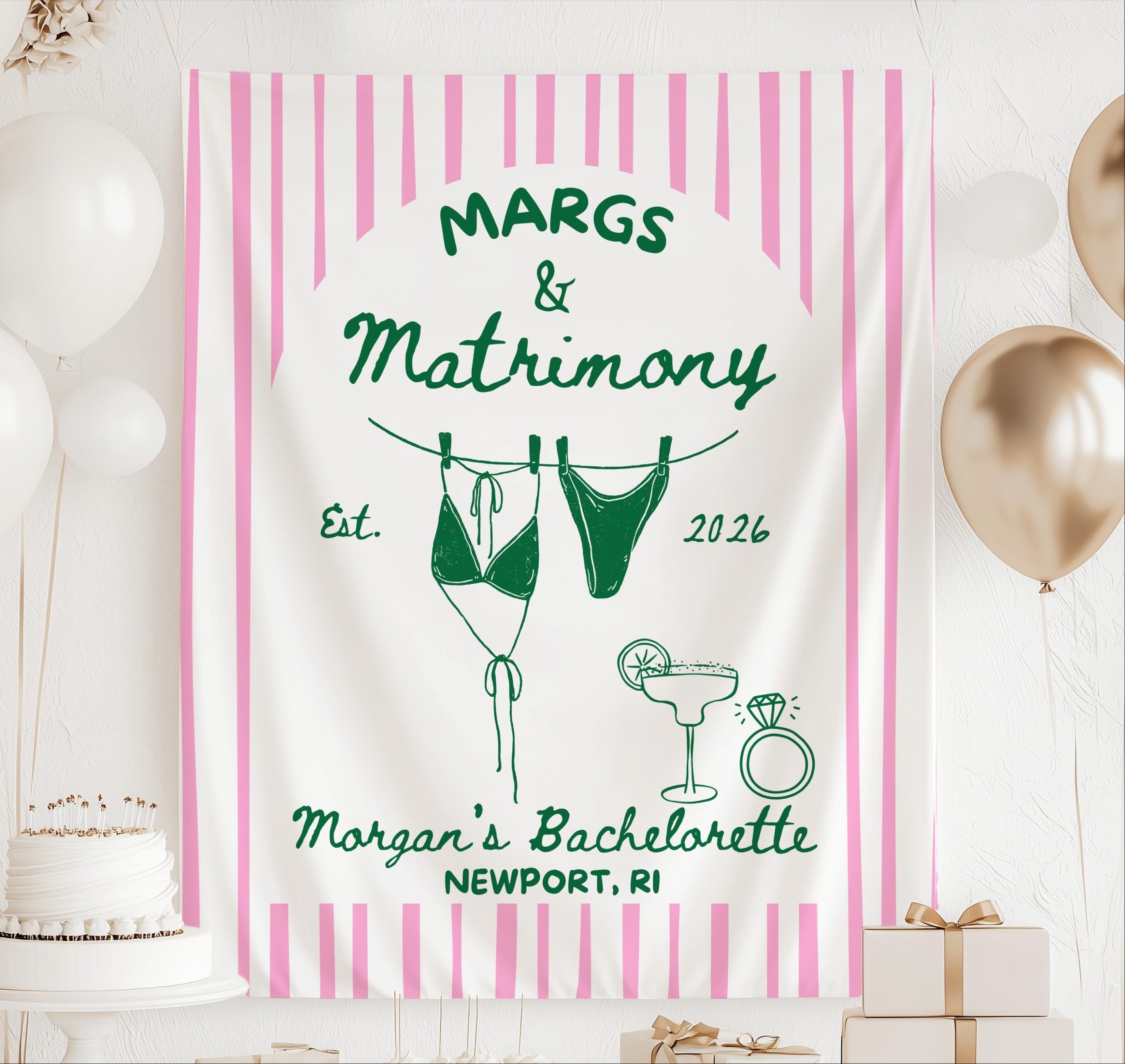 Personalized Margs and Matrimony bachelorette banner with custom bride name location and year