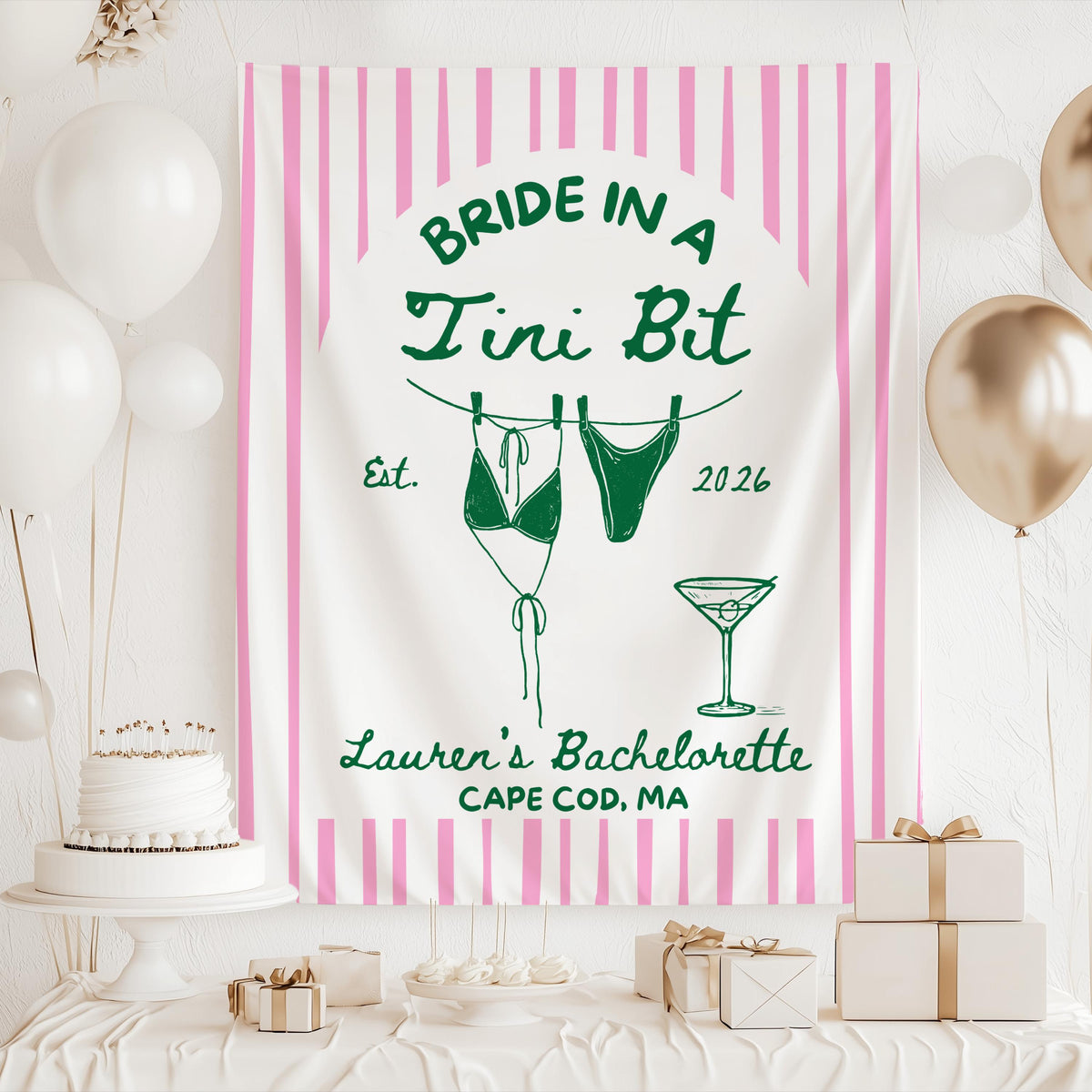 Personalized martini themed bachelorette banner perfect for Cape Cod, Nantucket, Hamptons, and beach bachelorette weekends.