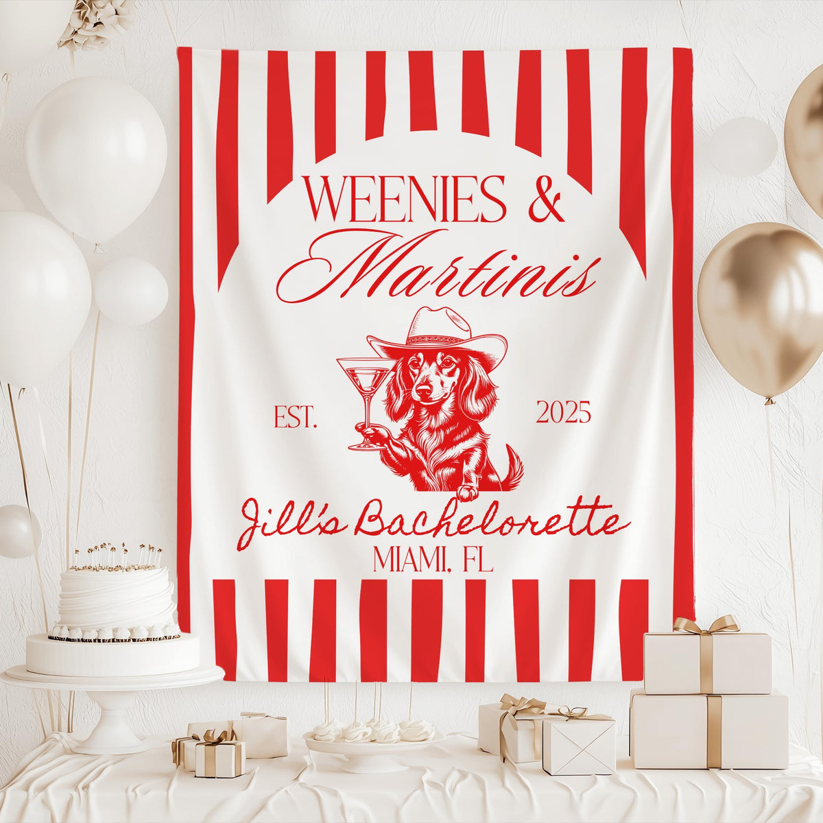Personalized martini themed bachelorette banner with trendy western dachshund design