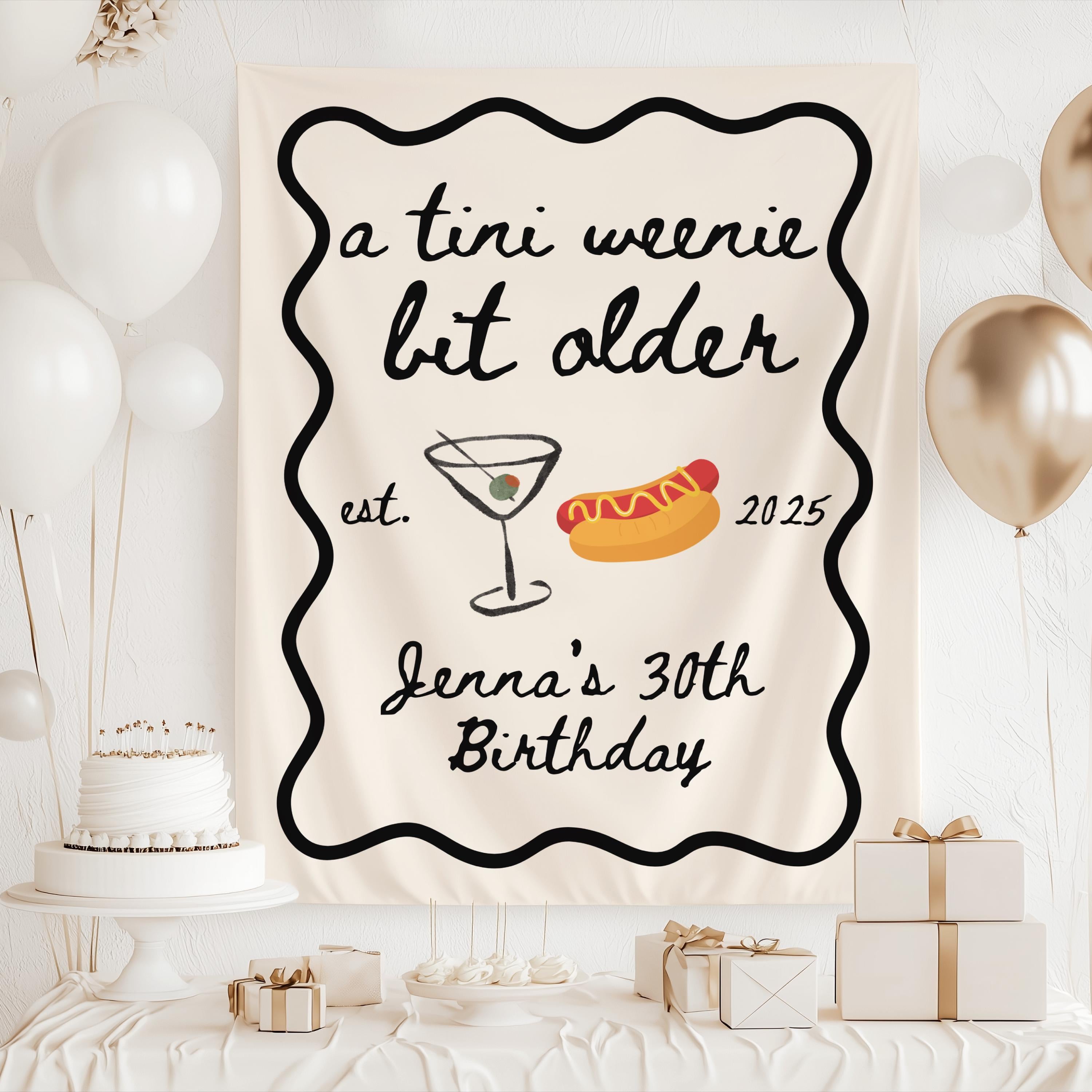Personalized martini birthday photo backdrop for milestone birthday celebrations with custom name and age