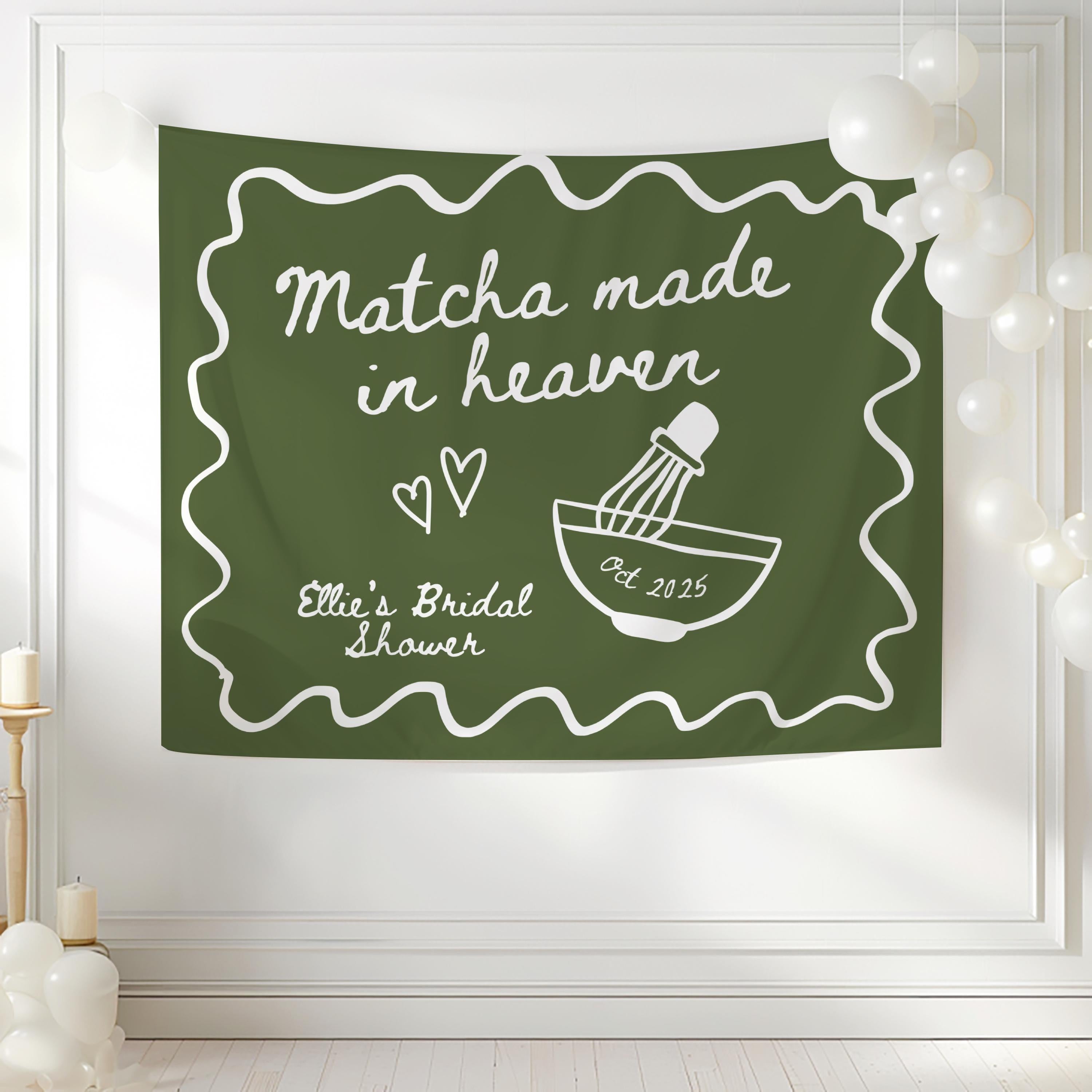 Matcha bridal shower decor banner with tea inspired artwork personalized for the bride to be
