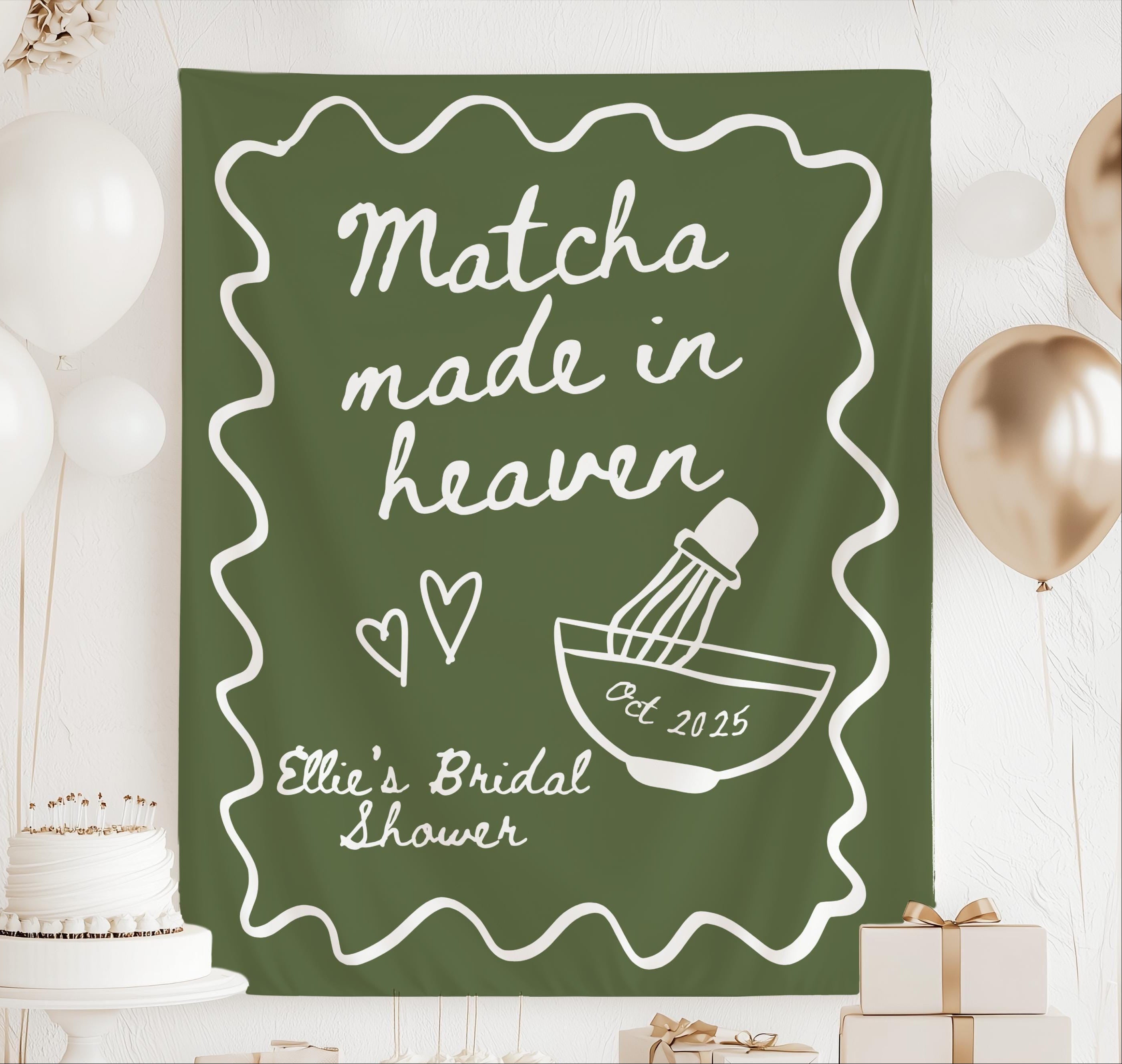 Personalized Matcha Made in Heaven bridal shower banner customized with the bride's name and event date