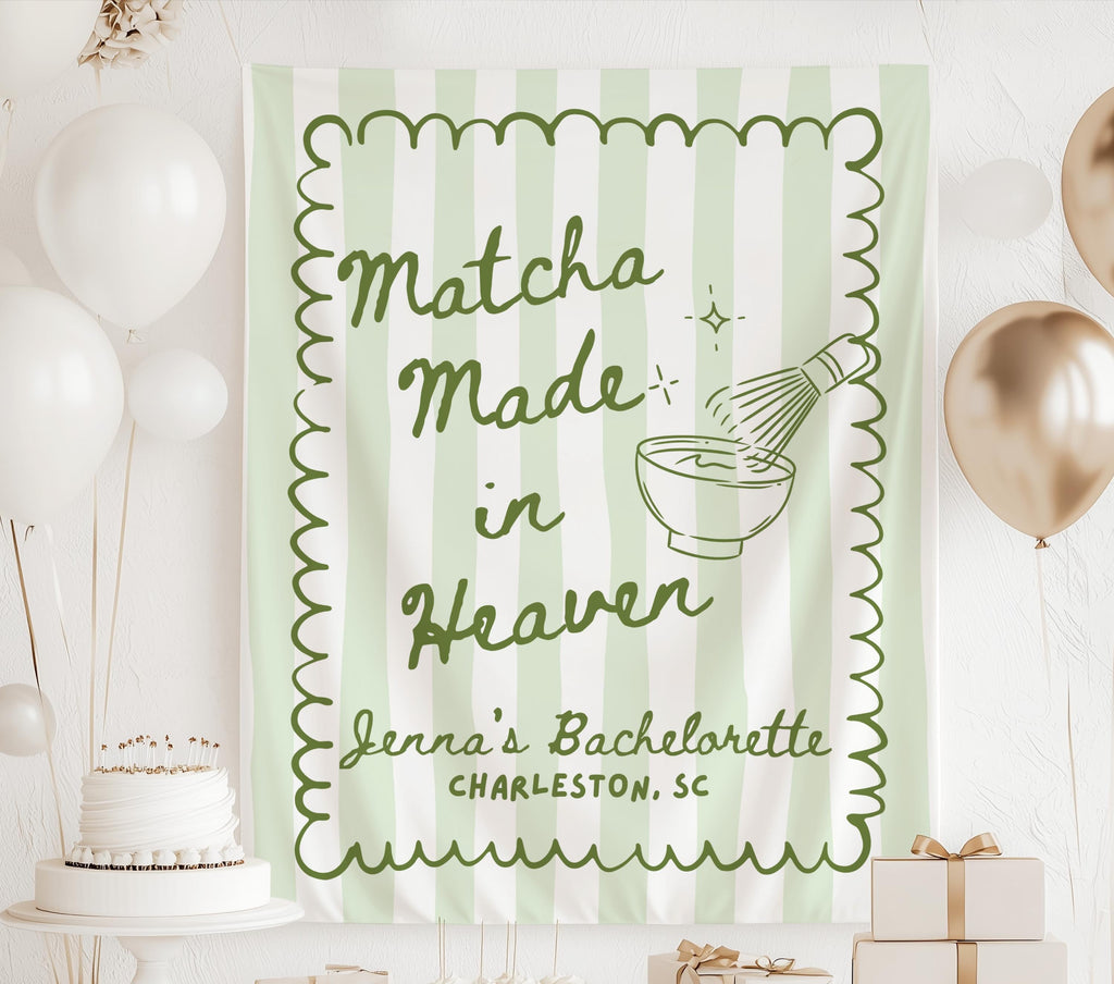 Personalized Matcha Made in Heaven bachelorette banner featuring matcha whisk and tea bowl illustration with custom bride details
