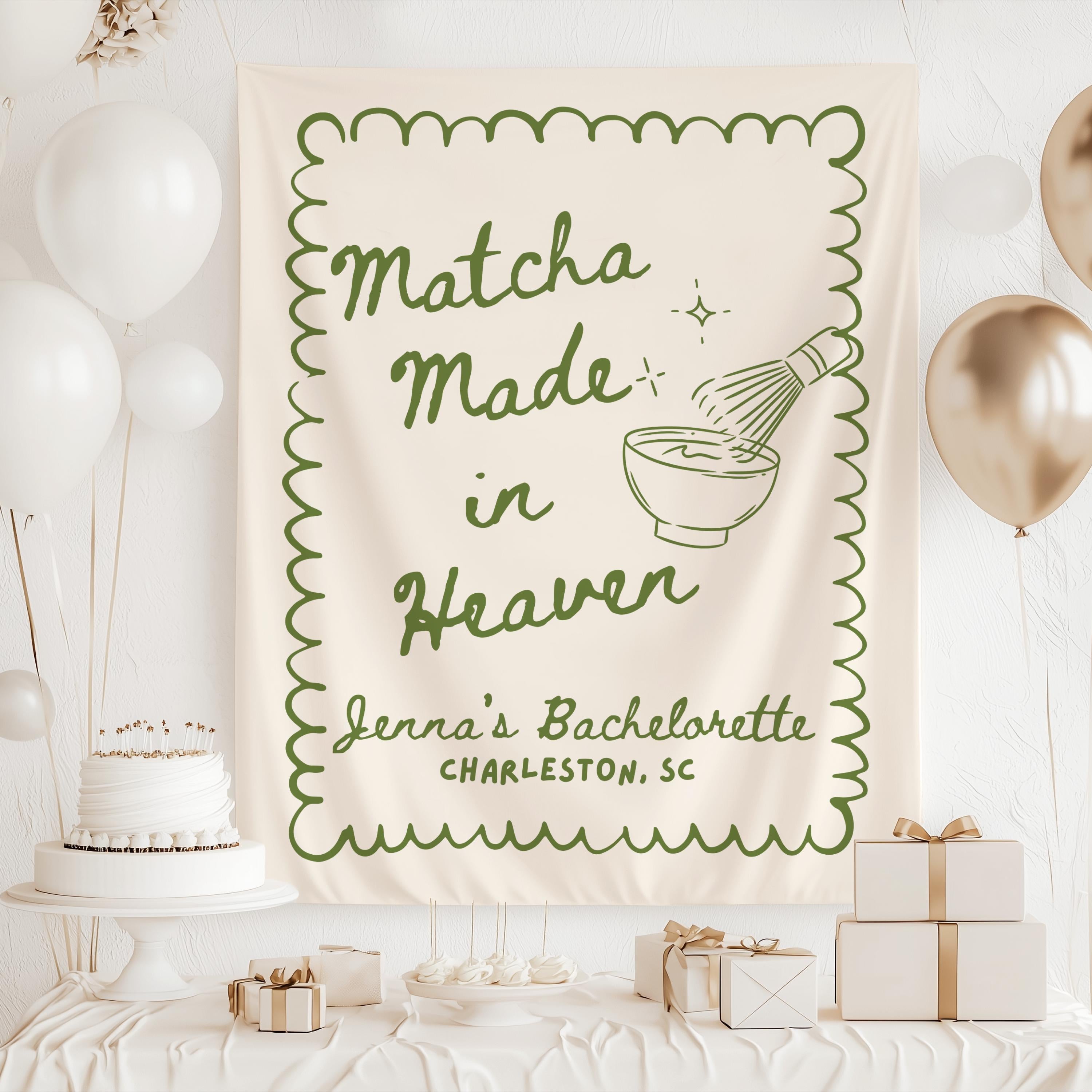 Personalized matcha themed bachelorette banner with matcha bowl illustration and custom event details
