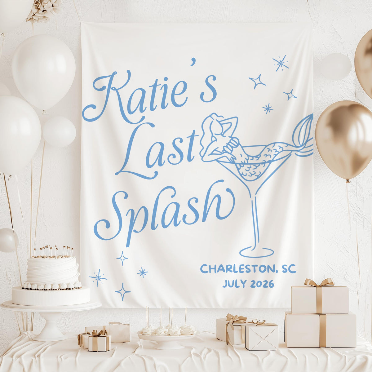 Custom mermaid bachelorette backdrop personalized for a coastal girls trip, beach bach weekend, or destination bridal celebration.