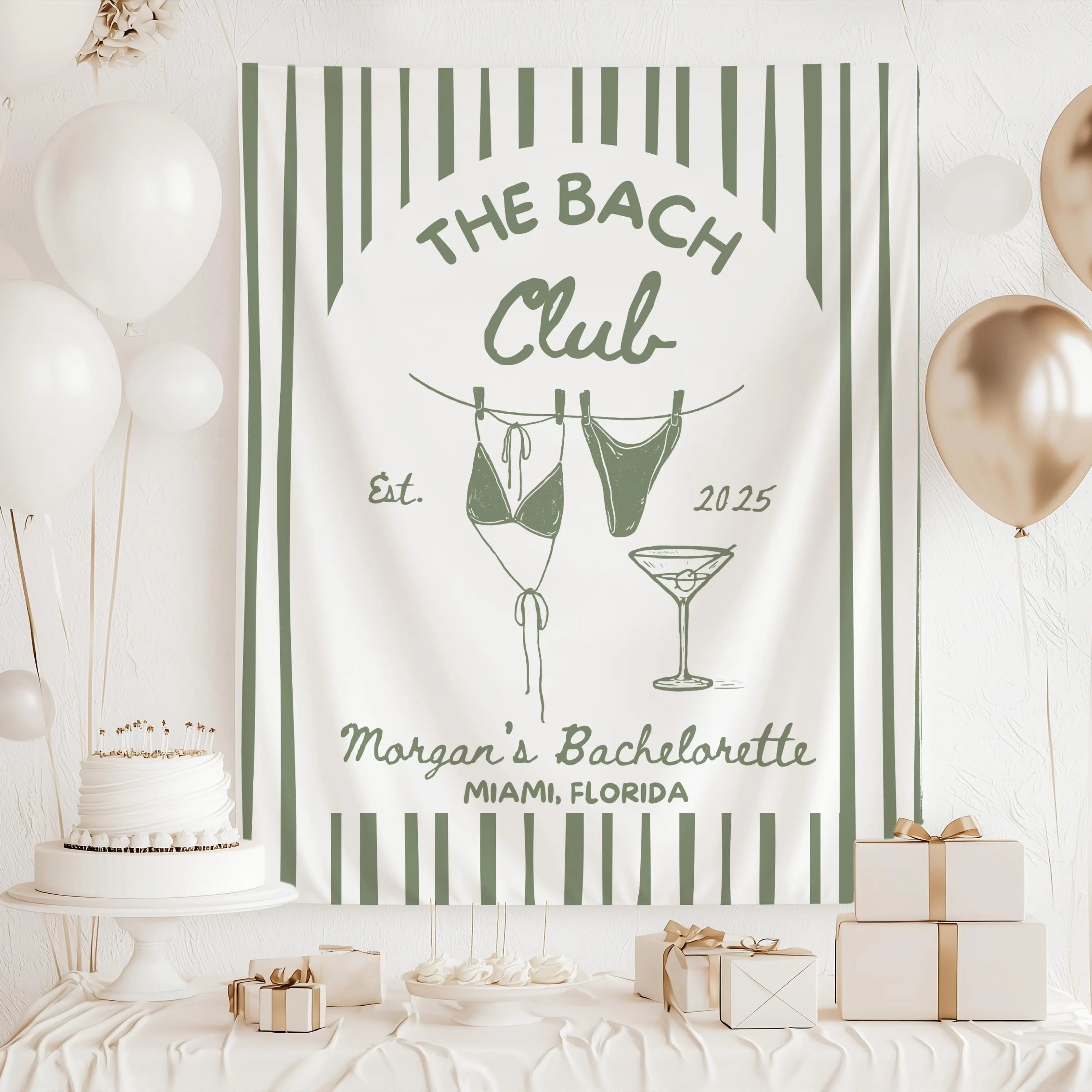 Miami bachelorette banner featuring hanging bikinis, martini illustration and personalized beach weekend party decor.