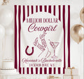 Personalized Million Dollar Cowgirl banner featuring cowboy boots, martini glass, horseshoe, and custom bachelorette details for a western celebration.
