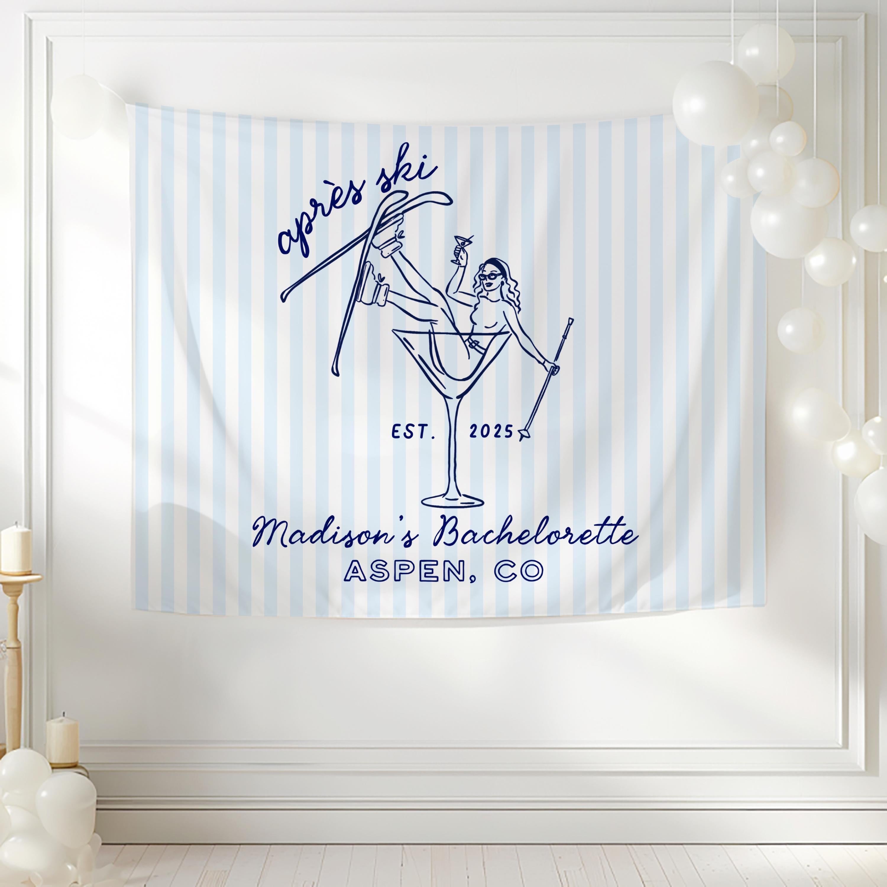 Personalized mountain bachelorette backdrop for Aspen, Vail, Breckenridge, Park City, or Whistler celebrations.